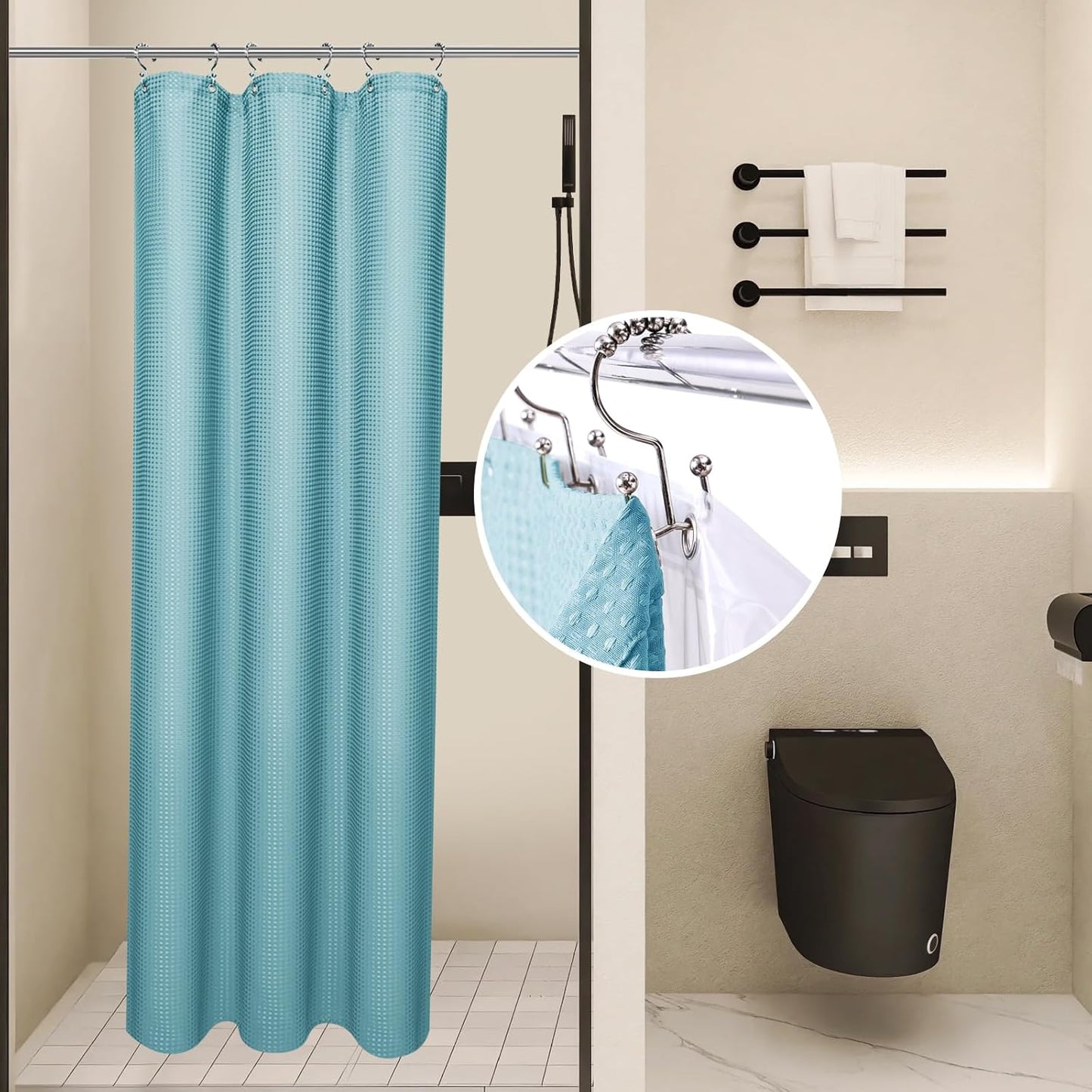 LaCyan 3 in 1 Waterproof Waffle Weave Shower Curtain and Clear Liner Set with 12 Stainless Steel Hooks Double Sided for Bathroom 72 Inches Heavy Duty Polyester Fabric Shower Curtains 72x84