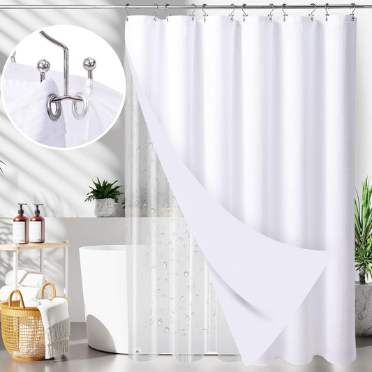 LaCyan 3 in 1 Waterproof Waffle Weave Shower Curtain and Clear Liner Set with 12 Stainless Steel Hooks Double Sided for Bathroom 72 Inches Heavy Duty Polyester Fabric Shower Curtains 72x84
