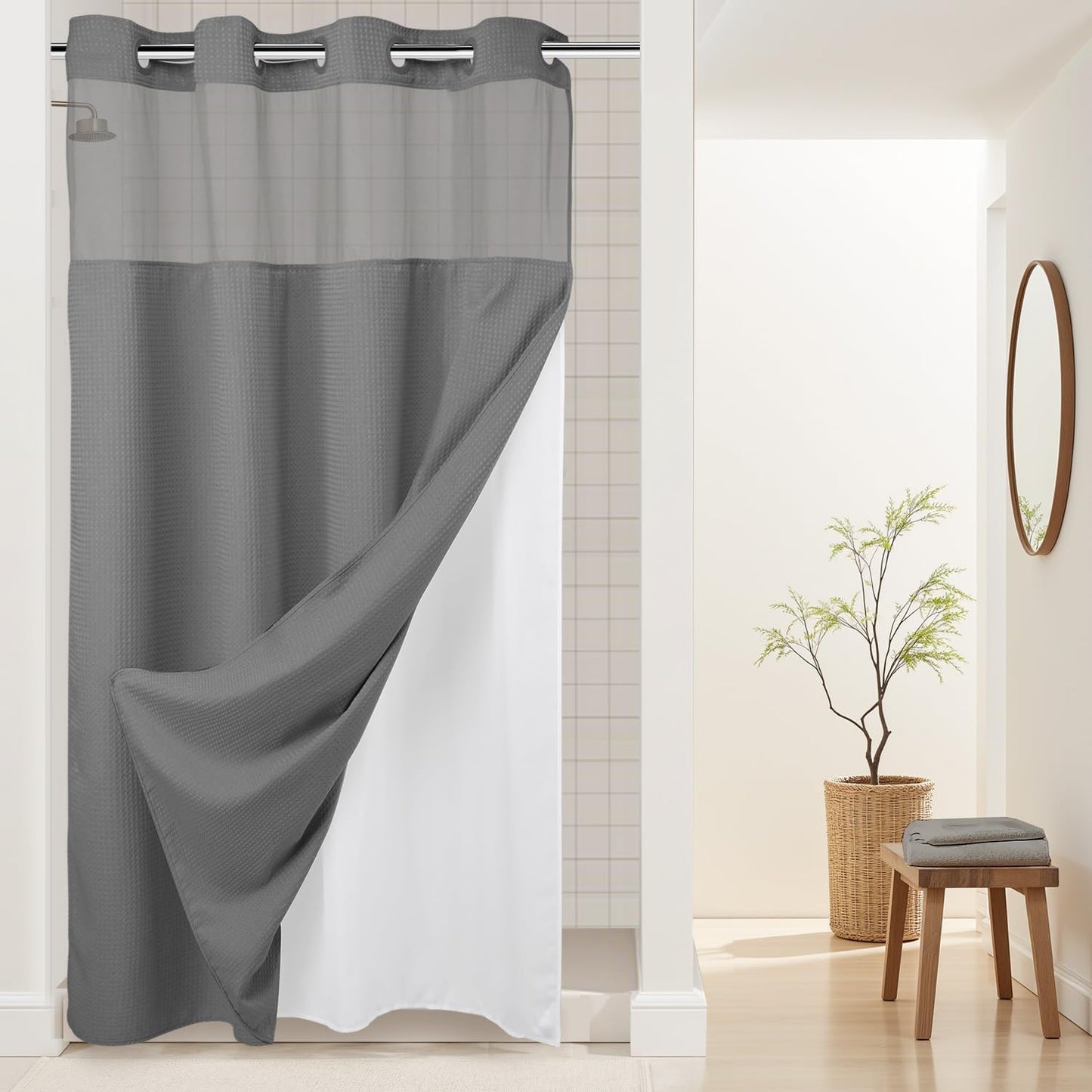 River Dream Heavyweight No Hooks Required Dotted Waffle Weave Shower Curtain with Snap in Liner - 71W x 74H,Hotel Grade,Spa Like Bath Curtain,Graphite Grey