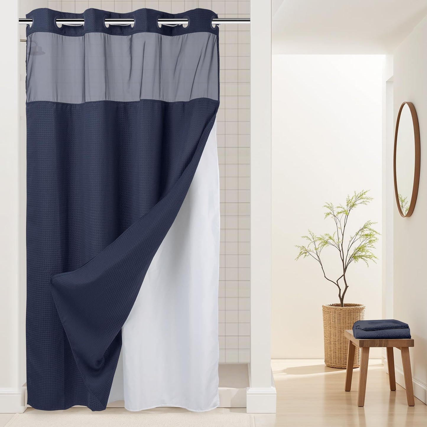 River Dream Heavyweight No Hooks Required Dotted Waffle Weave Shower Curtain with Snap in Liner - 71W x 74H,Hotel Grade,Spa Like Bath Curtain,Graphite Grey