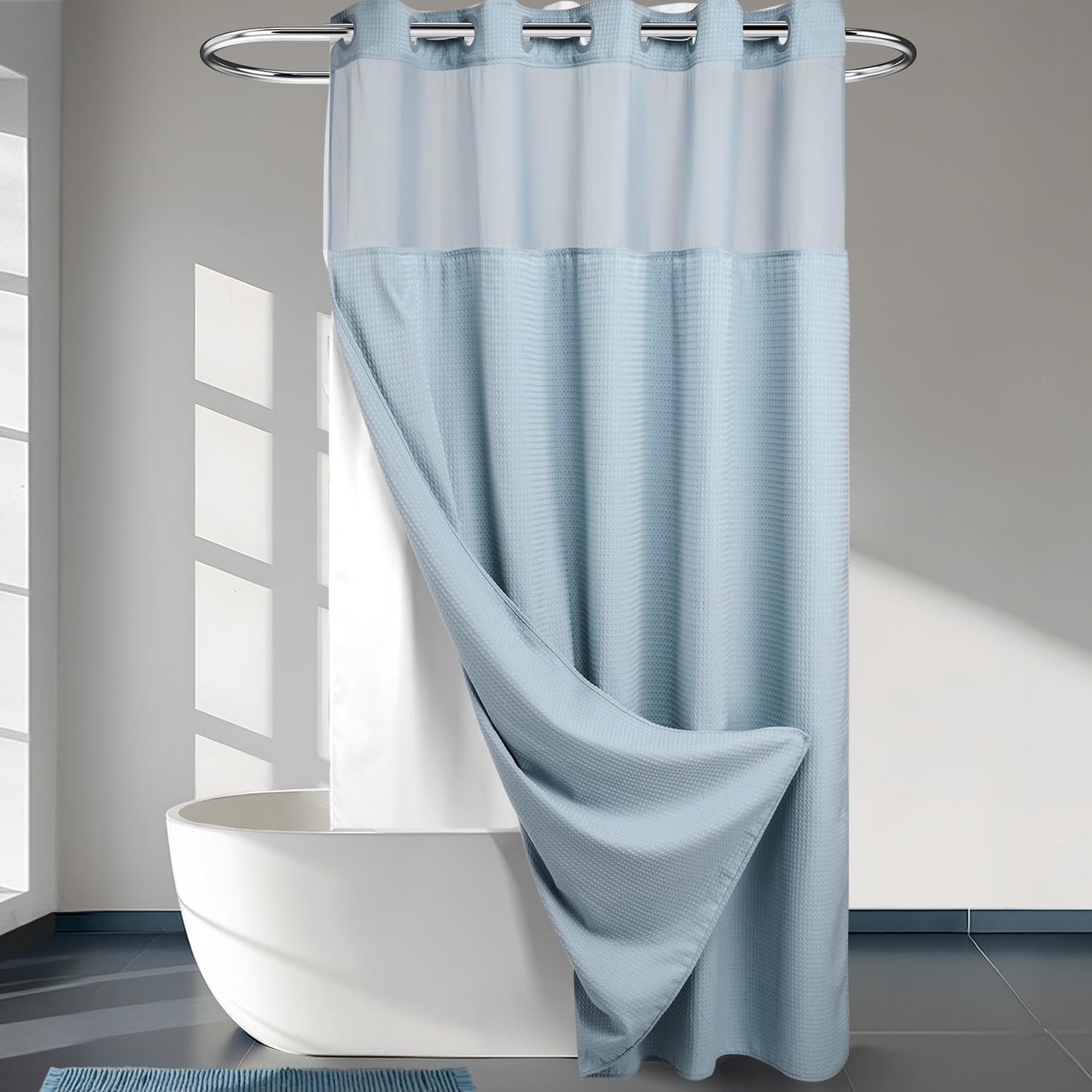 River Dream Heavyweight No Hooks Required Dotted Waffle Weave Shower Curtain with Snap in Liner - 71W x 74H,Hotel Grade,Spa Like Bath Curtain,Graphite Grey