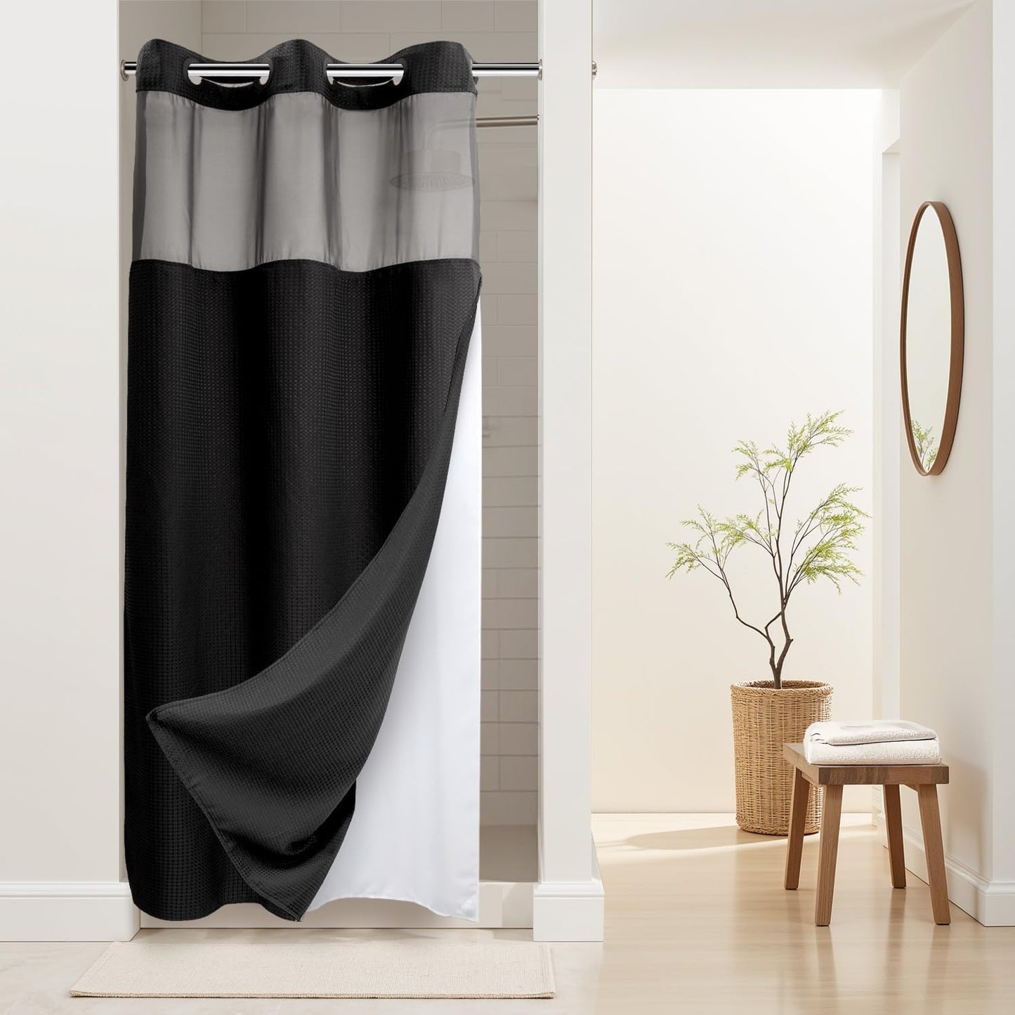 River Dream Heavyweight No Hooks Required Dotted Waffle Weave Shower Curtain with Snap in Liner - 71W x 74H,Hotel Grade,Spa Like Bath Curtain,Graphite Grey