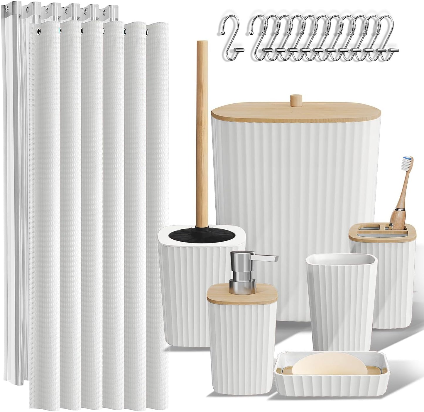 Clara Clark Bathroom Accessories Set - Bathroom Set, 20PC Bathroom Accessory Set, Black Shower Curtain Set, Toilet Brush, Trash Can & Soap Dispenser