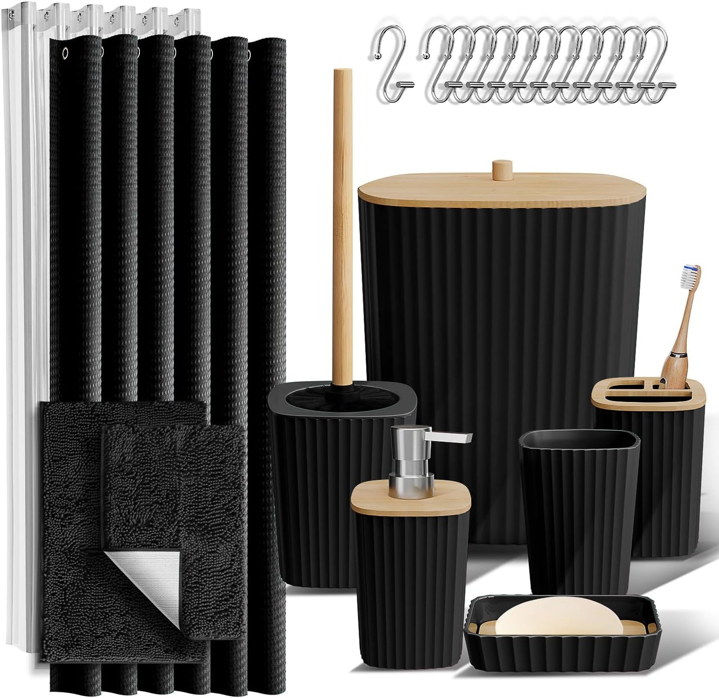 Clara Clark Bathroom Accessories Set - Bathroom Set, 20PC Bathroom Accessory Set, Black Shower Curtain Set, Toilet Brush, Trash Can & Soap Dispenser