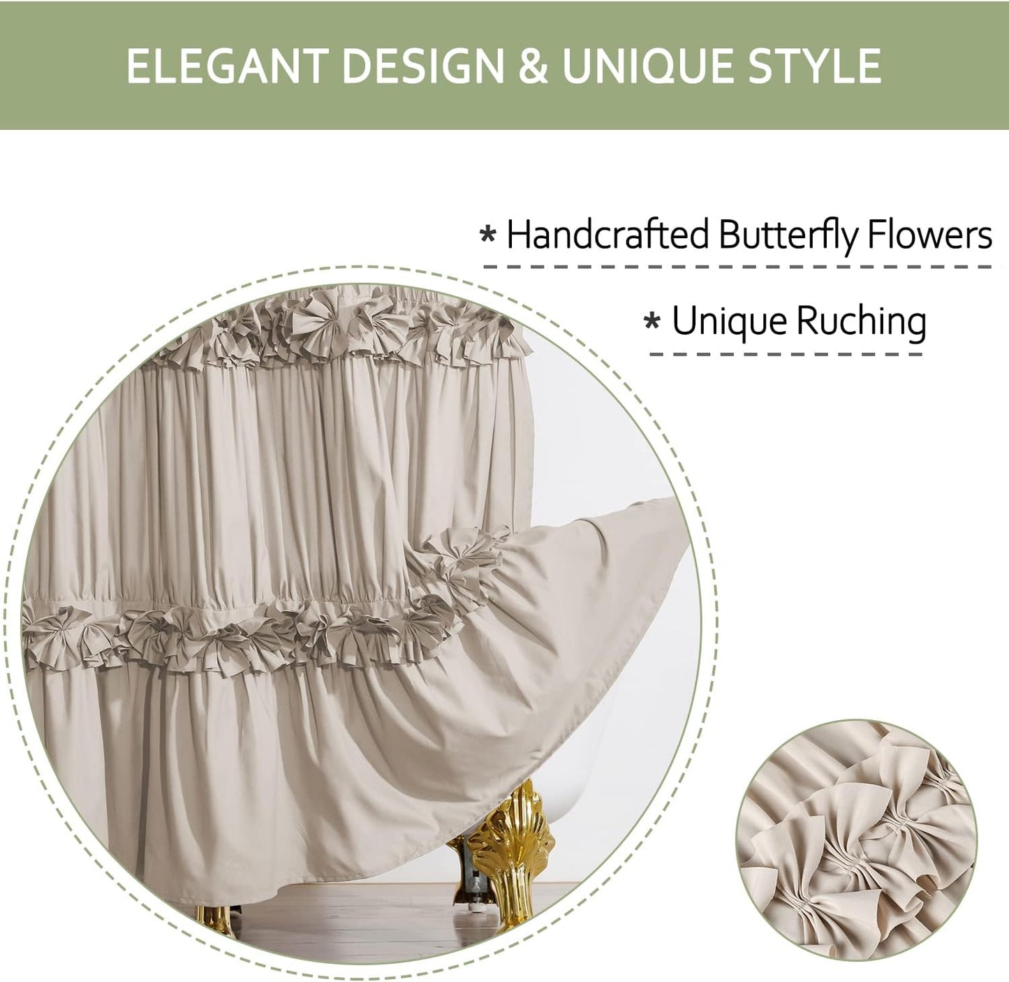 Camel Ruffle Shower Curtain, Vintage Handcrafted Bow Tie Ruched Microfiber Bath Curtain for Master Bathroom with 12 Buttonholes, 72" W x 72" H (LQ-10)