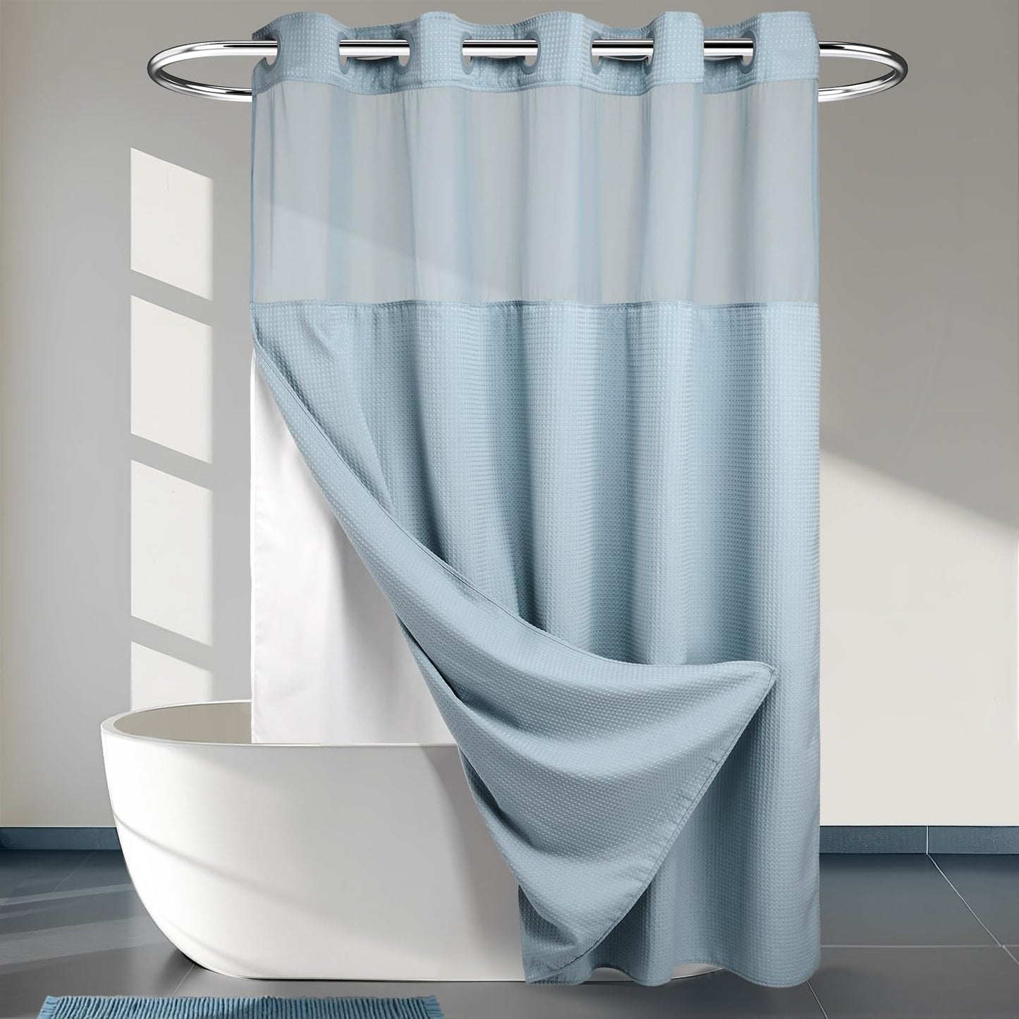 River Dream Heavyweight No Hooks Required Dotted Waffle Weave Shower Curtain with Snap in Liner - 71W x 74H,Hotel Grade,Spa Like Bath Curtain,Graphite Grey