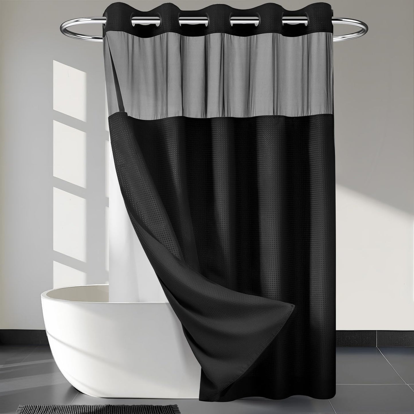 River Dream Heavyweight No Hooks Required Dotted Waffle Weave Shower Curtain with Snap in Liner - 71W x 74H,Hotel Grade,Spa Like Bath Curtain,Graphite Grey