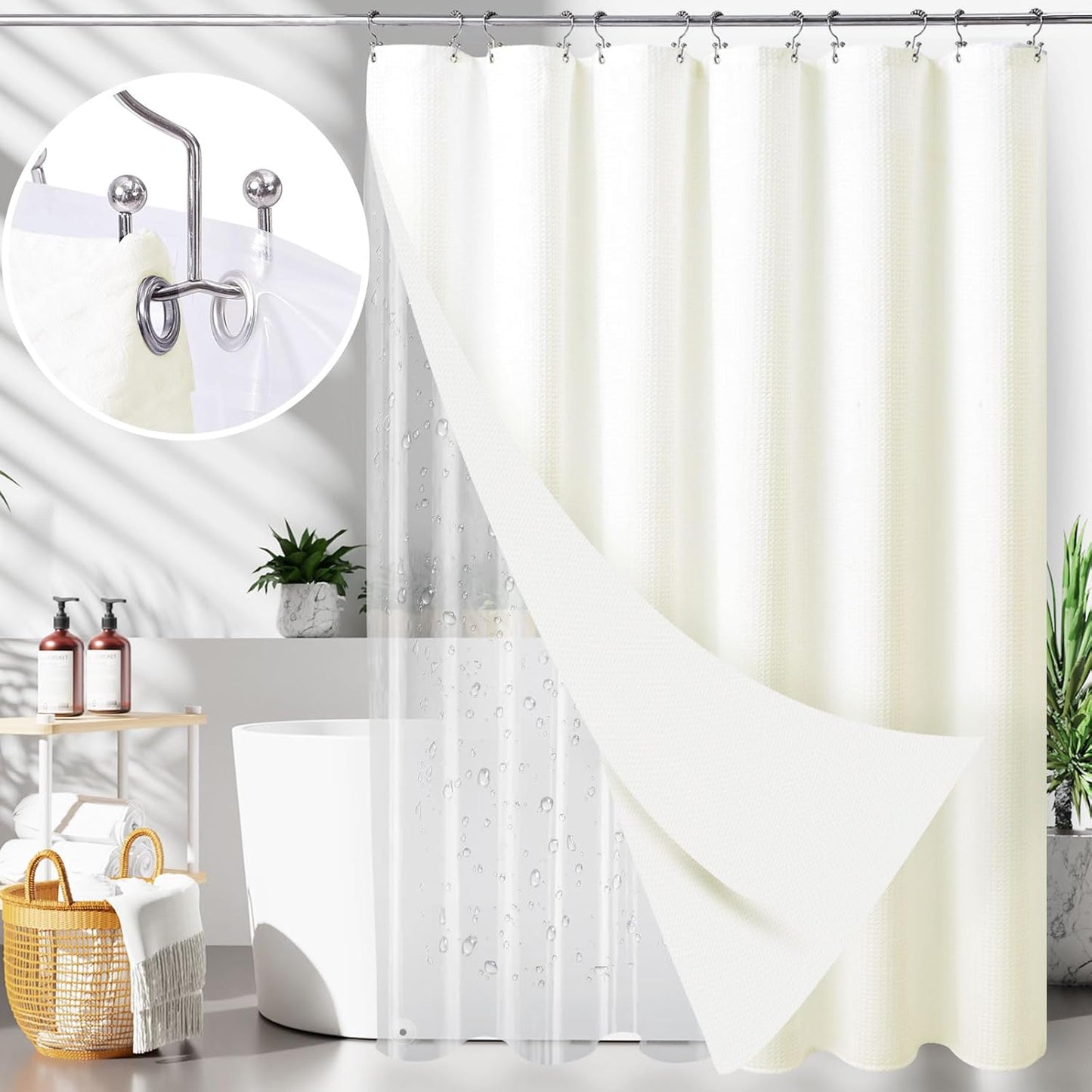 LaCyan 3 in 1 Waterproof Waffle Weave Shower Curtain and Clear Liner Set with 12 Stainless Steel Hooks Double Sided for Bathroom 72 Inches Heavy Duty Polyester Fabric Shower Curtains 72x84