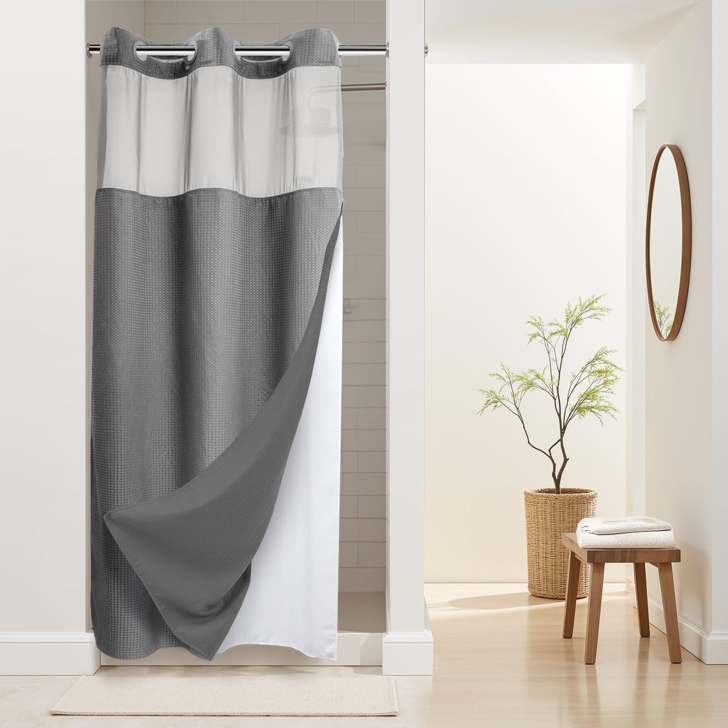 River Dream Heavyweight No Hooks Required Dotted Waffle Weave Shower Curtain with Snap in Liner - 71W x 74H,Hotel Grade,Spa Like Bath Curtain,Graphite Grey