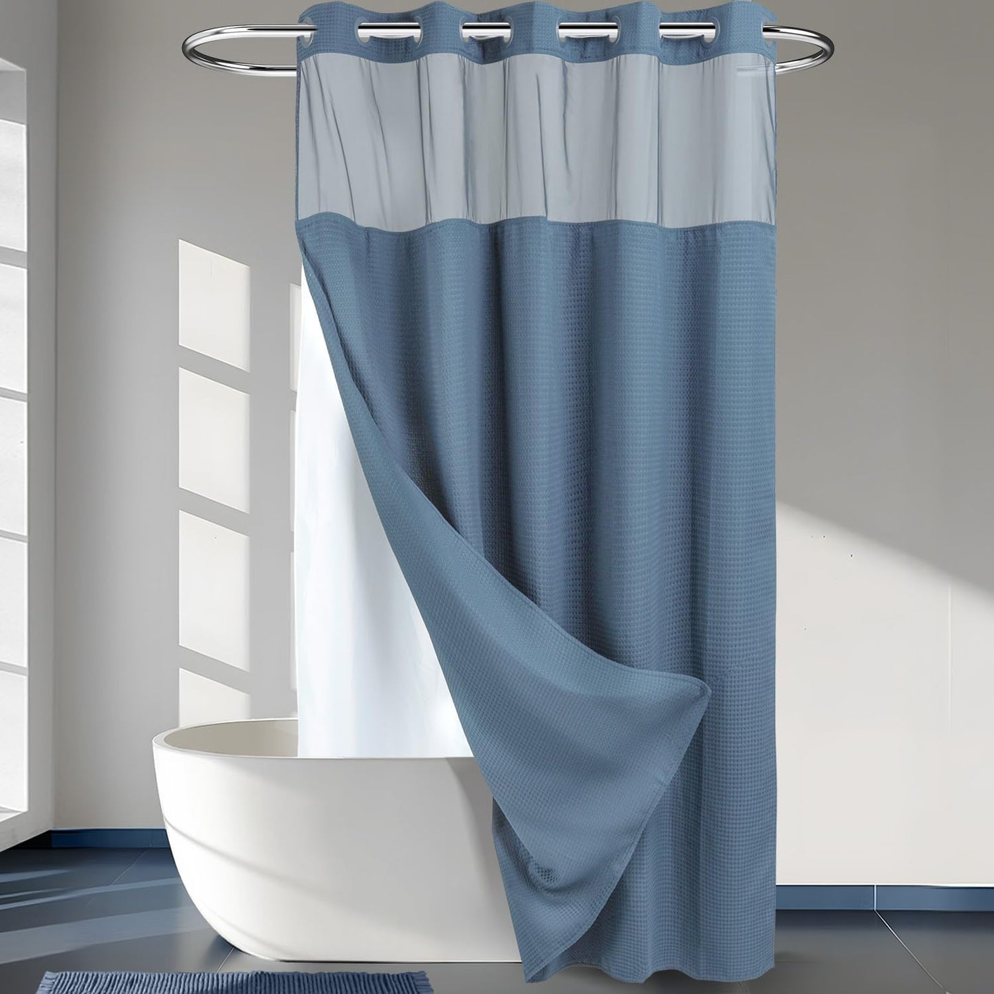River Dream Heavyweight No Hooks Required Dotted Waffle Weave Shower Curtain with Snap in Liner - 71W x 74H,Hotel Grade,Spa Like Bath Curtain,Graphite Grey