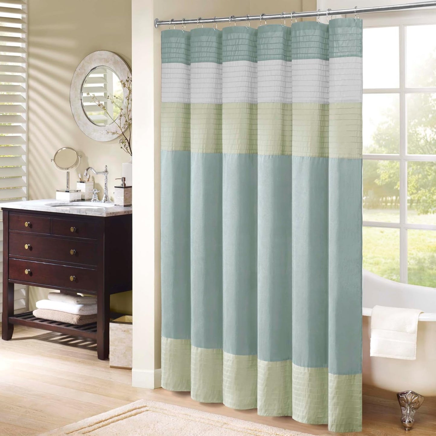 Madison Park Amherst Bathroom Shower Curtain Faux Silk Pieced Striped Modern Microfiber Bath Curtains, 72x72 Inches, Natural
