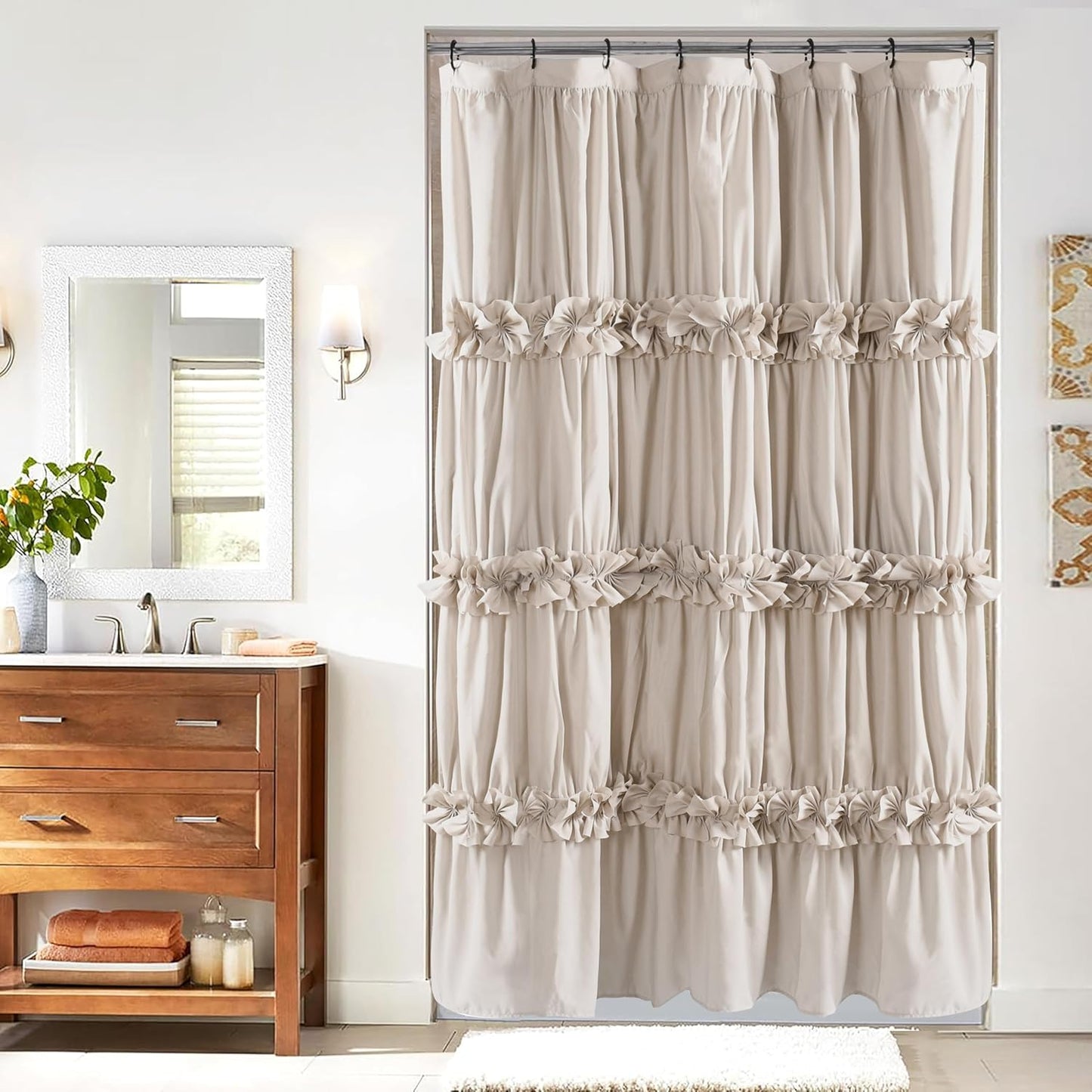 Camel Ruffle Shower Curtain, Vintage Handcrafted Bow Tie Ruched Microfiber Bath Curtain for Master Bathroom with 12 Buttonholes, 72" W x 72" H (LQ-10)