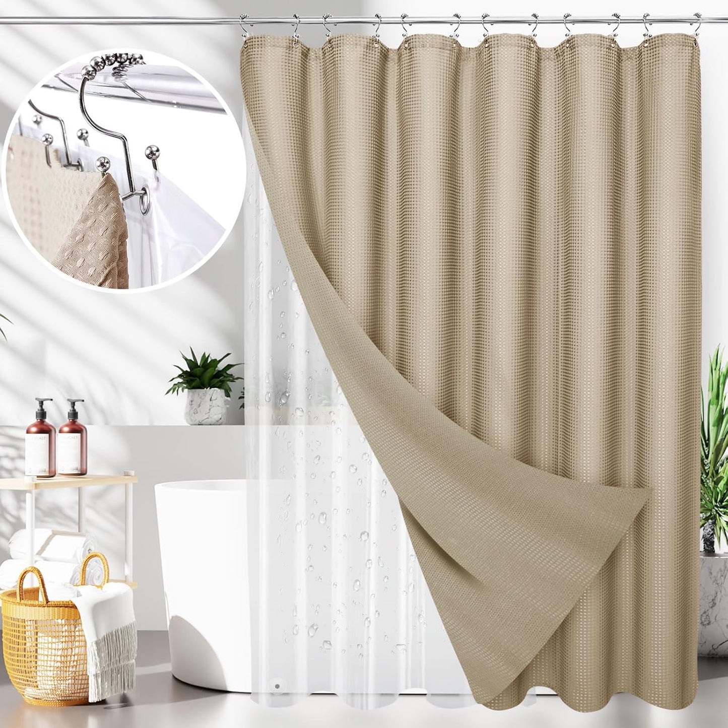 LaCyan 3 in 1 Waterproof Waffle Weave Shower Curtain and Clear Liner Set with 12 Stainless Steel Hooks Double Sided for Bathroom 72 Inches Heavy Duty Polyester Fabric Shower Curtains 72x84