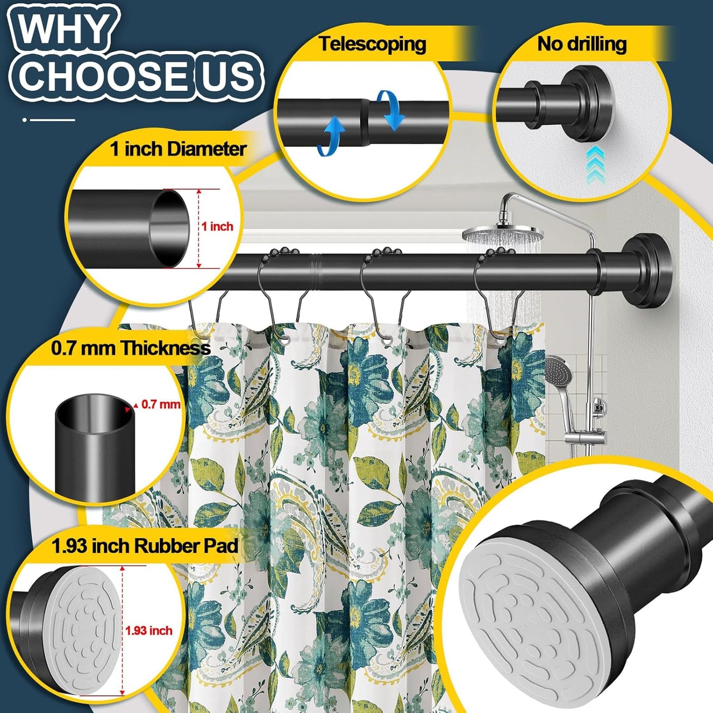 Black Shower Curtain Rod 36-84 Inch(3-7ft) Never Rust No Drilling Spring Tension Shower Rod, Adjustable Curtain Rod for Bathroom Window Living Room
