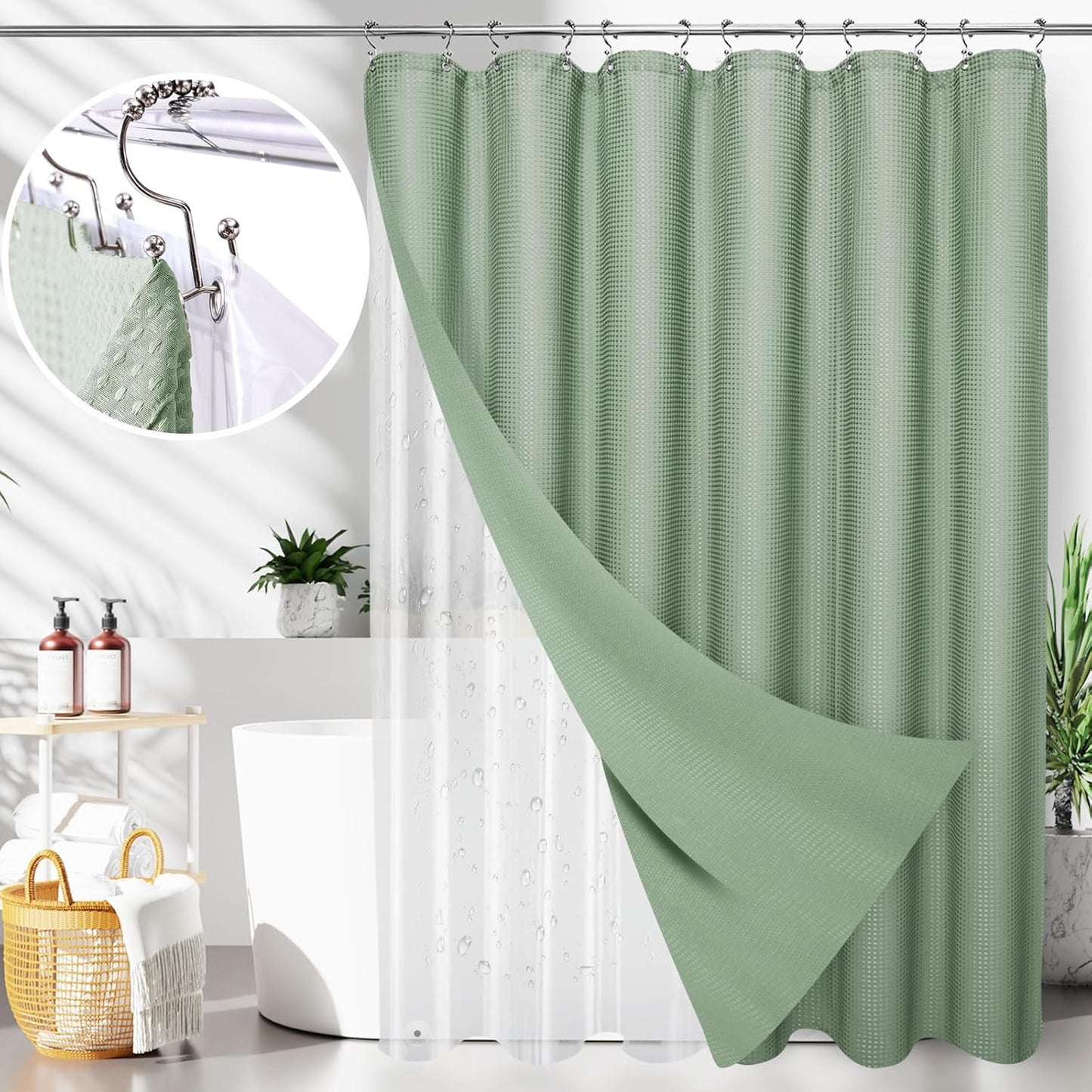 LaCyan 3 in 1 Waterproof Waffle Weave Shower Curtain and Clear Liner Set with 12 Stainless Steel Hooks Double Sided for Bathroom 72 Inches Heavy Duty Polyester Fabric Shower Curtains 72x84
