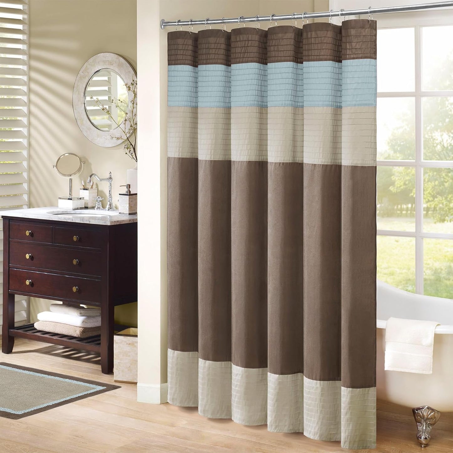 Madison Park Amherst Bathroom Shower Curtain Faux Silk Pieced Striped Modern Microfiber Bath Curtains, 72x72 Inches, Natural