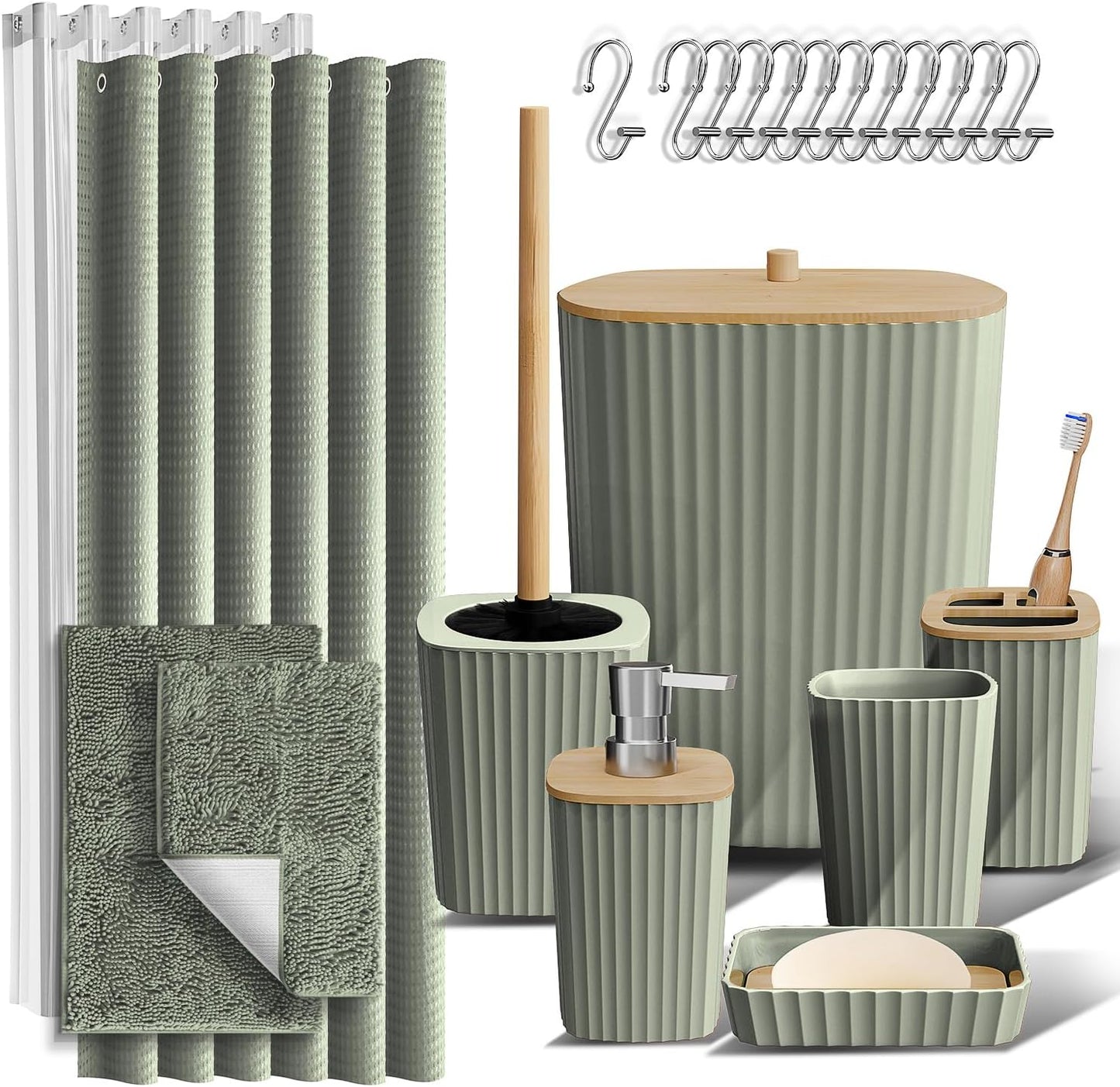 Clara Clark Bathroom Accessories Set - Bathroom Set, 20PC Bathroom Accessory Set, Black Shower Curtain Set, Toilet Brush, Trash Can & Soap Dispenser