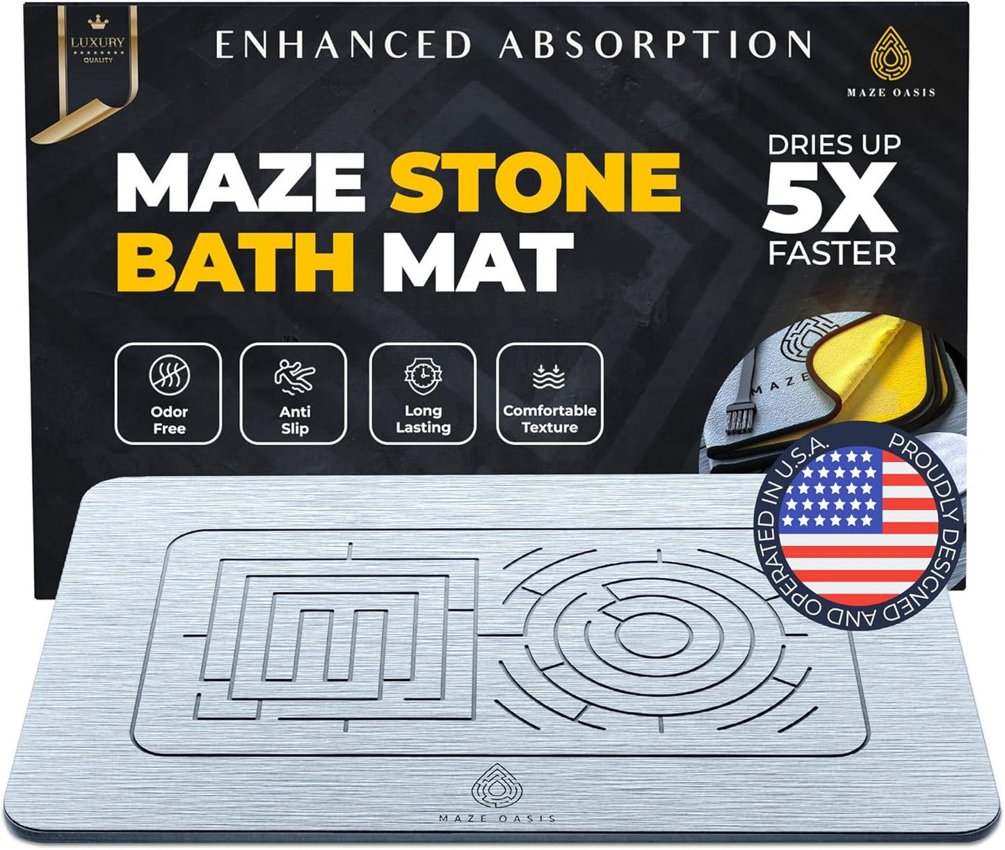 Stone Bath Mat - Instant-Drying Diatomaceous Earth Bath Mat with Grooves for No Puddles - Super Absorbent Non-Slip - Quick Dry Stone Bath Mats for Bathroom, Kitchen - 23.6 x 15.3 in - 1pc
