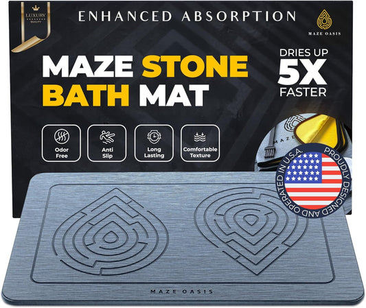 Stone Bath Mat - Instant-Drying Diatomaceous Earth Bath Mat with Grooves for No Puddles - Super Absorbent Non-Slip - Quick Dry Stone Bath Mats for Bathroom, Kitchen - 23.6 x 15.3 in - 1pc