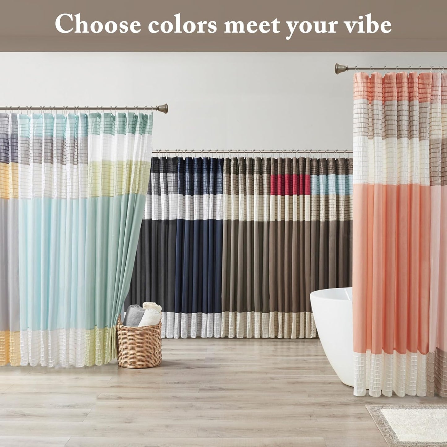 Madison Park Amherst Bathroom Shower Curtain Faux Silk Pieced Striped Modern Microfiber Bath Curtains, 72x72 Inches, Natural