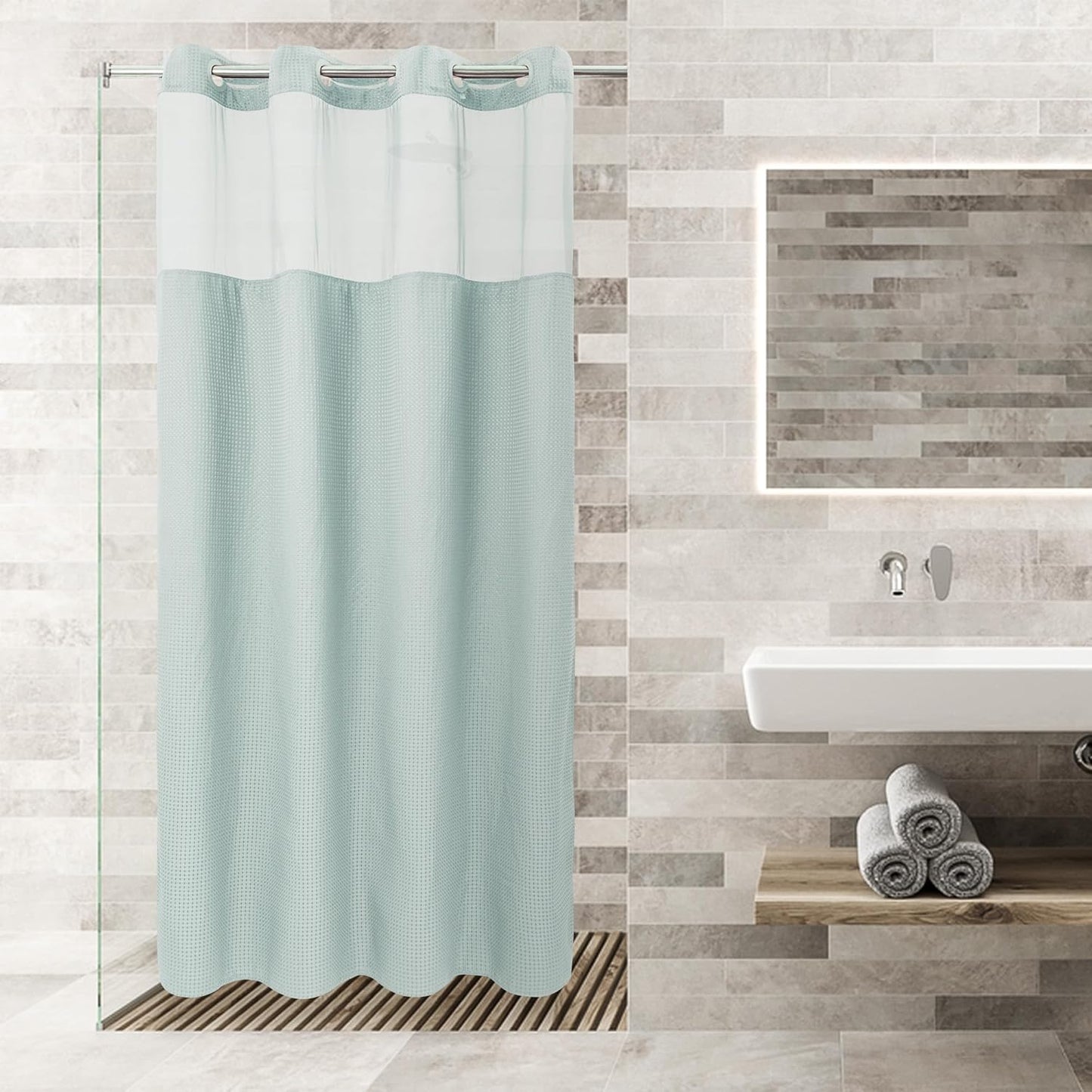 River Dream Heavyweight No Hooks Required Dotted Waffle Weave Shower Curtain with Snap in Liner - 71W x 74H,Hotel Grade,Spa Like Bath Curtain,Graphite Grey