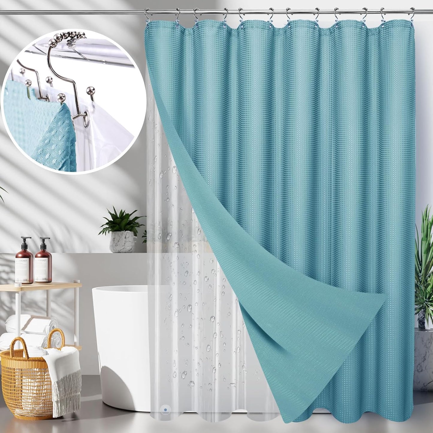 LaCyan 3 in 1 Waterproof Waffle Weave Shower Curtain and Clear Liner Set with 12 Stainless Steel Hooks Double Sided for Bathroom 72 Inches Heavy Duty Polyester Fabric Shower Curtains 72x84