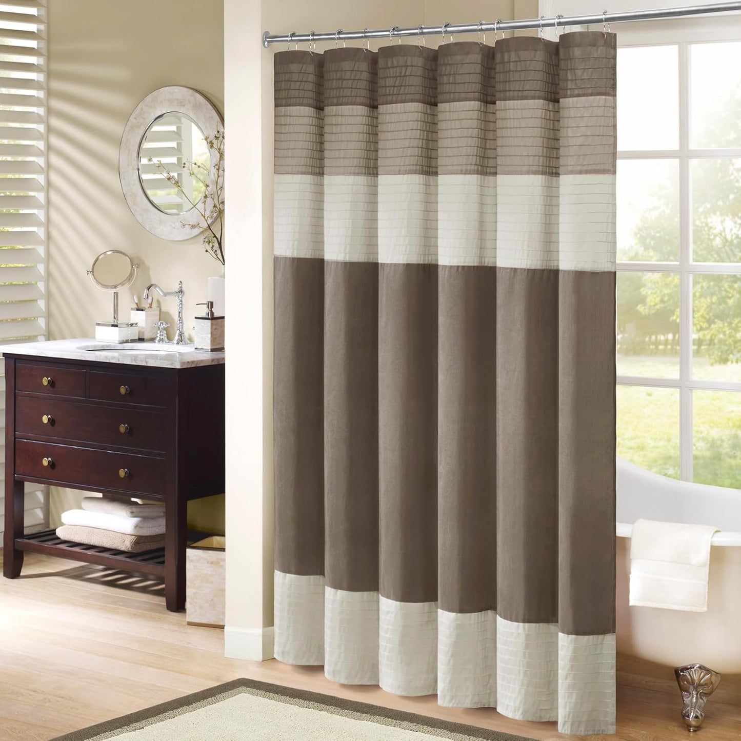 Madison Park Amherst Bathroom Shower Curtain Faux Silk Pieced Striped Modern Microfiber Bath Curtains, 72x72 Inches, Natural