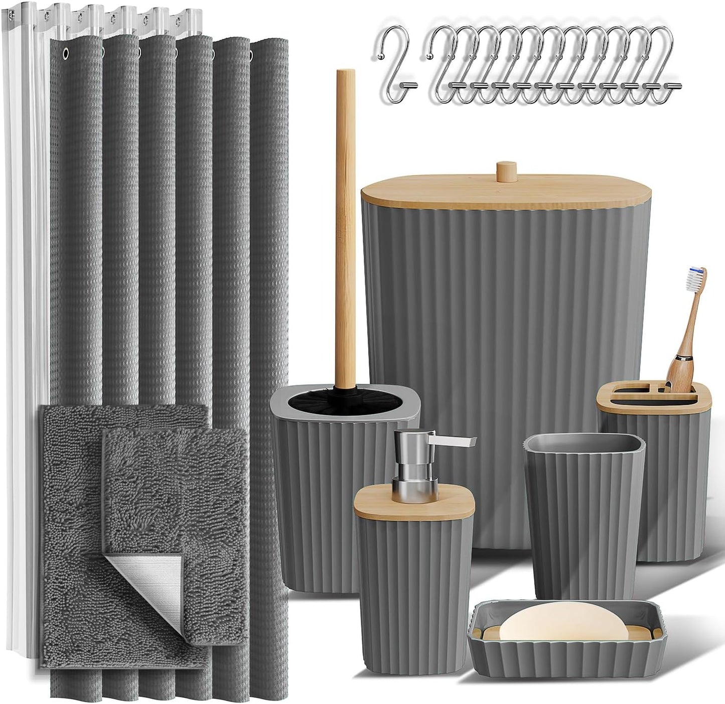 Clara Clark Bathroom Accessories Set - Bathroom Set, 20PC Bathroom Accessory Set, Black Shower Curtain Set, Toilet Brush, Trash Can & Soap Dispenser
