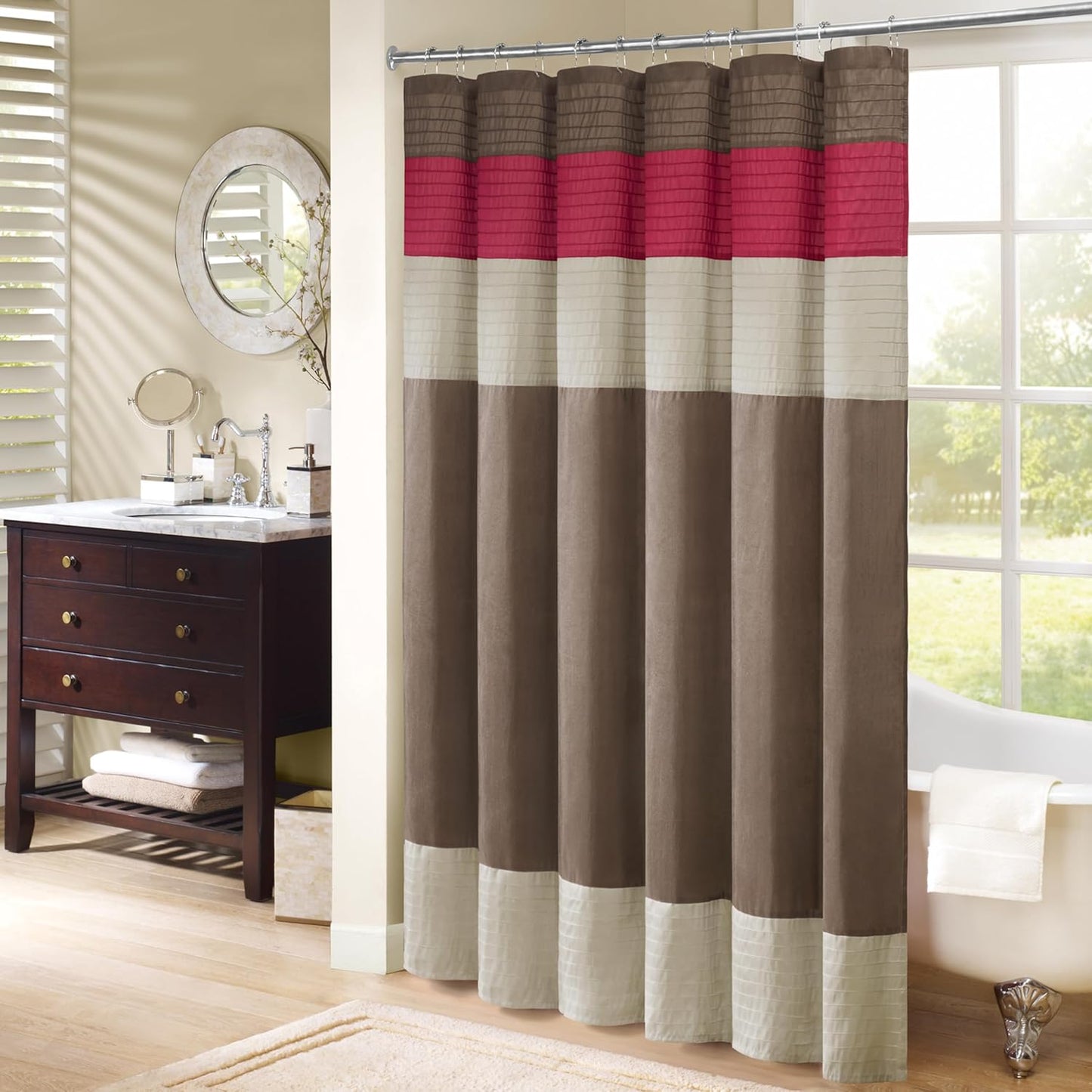 Madison Park Amherst Bathroom Shower Curtain Faux Silk Pieced Striped Modern Microfiber Bath Curtains, 72x72 Inches, Natural