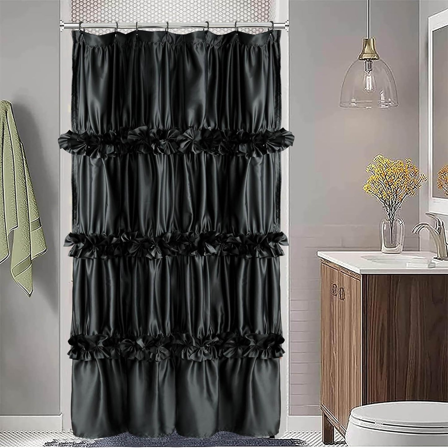 Camel Ruffle Shower Curtain, Vintage Handcrafted Bow Tie Ruched Microfiber Bath Curtain for Master Bathroom with 12 Buttonholes, 72" W x 72" H (LQ-10)
