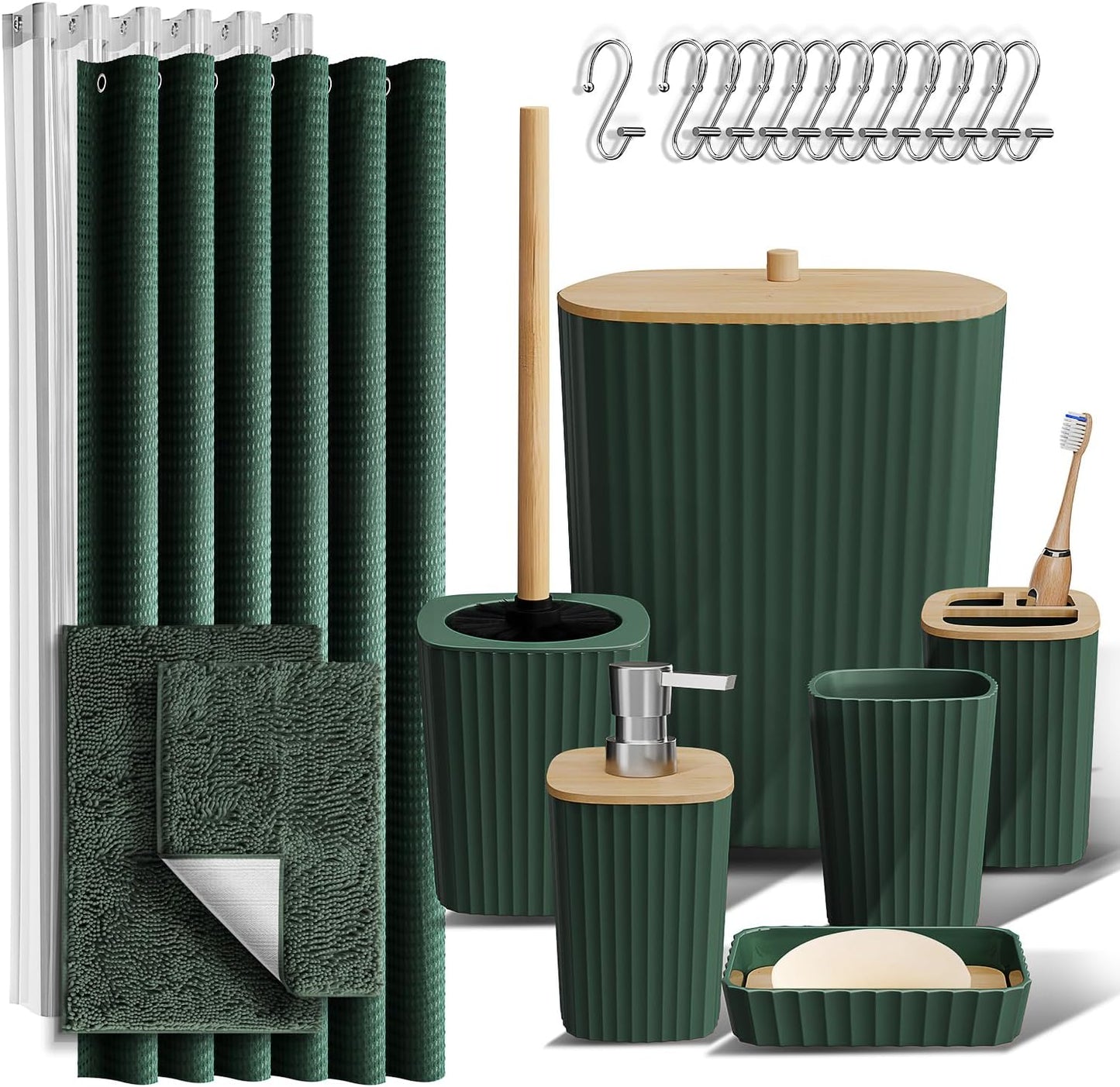 Clara Clark Bathroom Accessories Set - Bathroom Set, 20PC Bathroom Accessory Set, Black Shower Curtain Set, Toilet Brush, Trash Can & Soap Dispenser