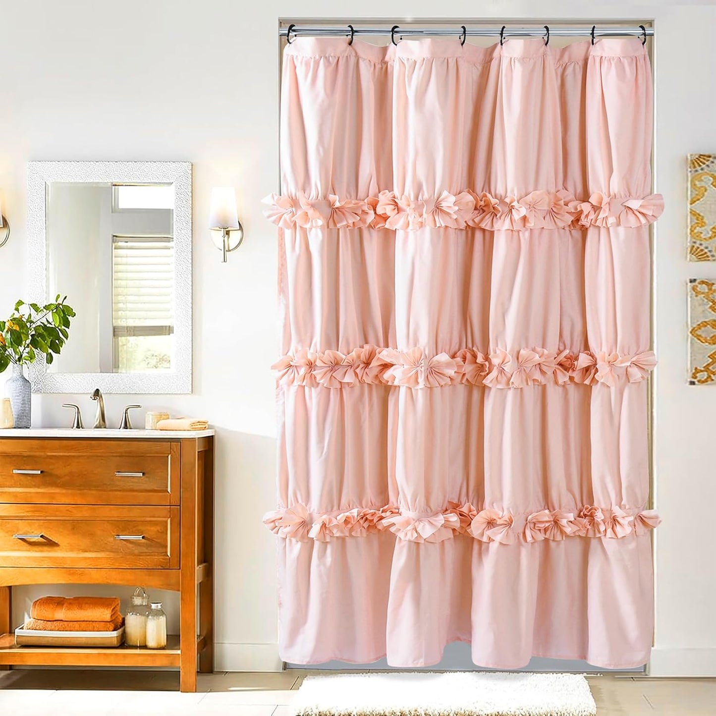Camel Ruffle Shower Curtain, Vintage Handcrafted Bow Tie Ruched Microfiber Bath Curtain for Master Bathroom with 12 Buttonholes, 72" W x 72" H (LQ-10)