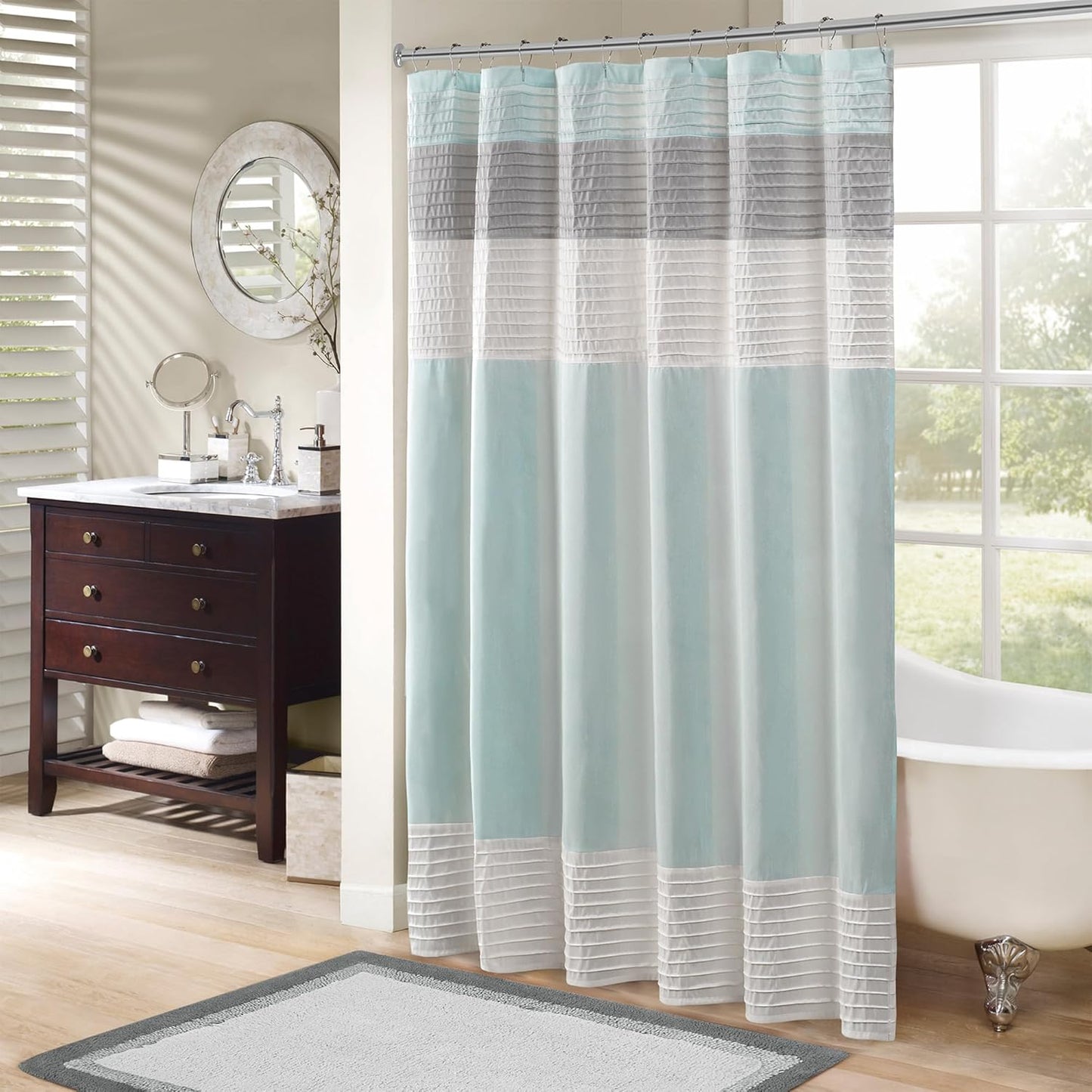 Madison Park Amherst Bathroom Shower Curtain Faux Silk Pieced Striped Modern Microfiber Bath Curtains, 72x72 Inches, Natural