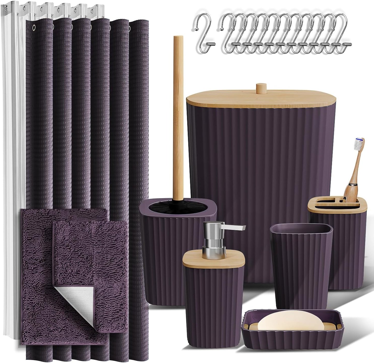 Clara Clark Bathroom Accessories Set - Bathroom Set, 20PC Bathroom Accessory Set, Black Shower Curtain Set, Toilet Brush, Trash Can & Soap Dispenser