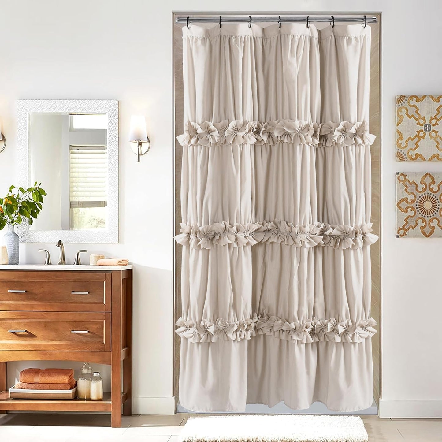 Camel Ruffle Shower Curtain, Vintage Handcrafted Bow Tie Ruched Microfiber Bath Curtain for Master Bathroom with 12 Buttonholes, 72" W x 72" H (LQ-10)