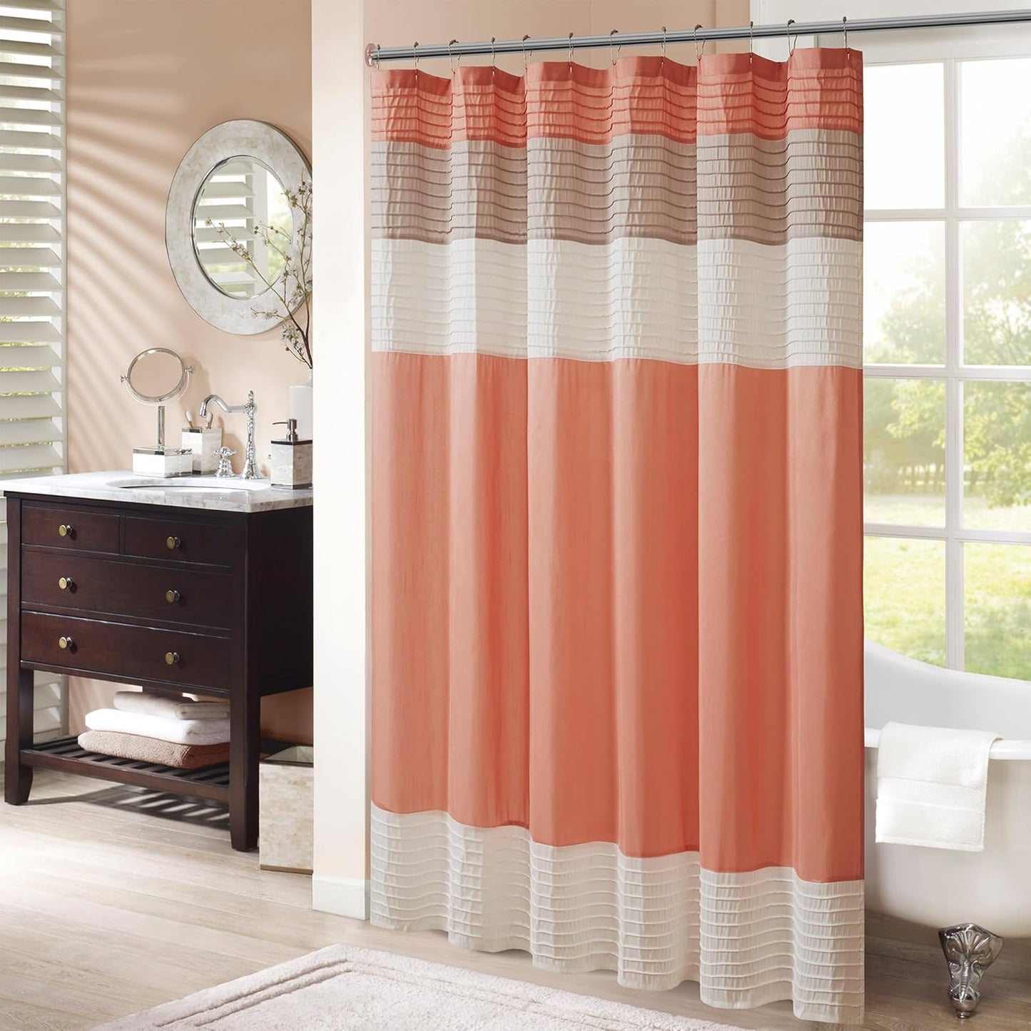 Madison Park Amherst Bathroom Shower Curtain Faux Silk Pieced Striped Modern Microfiber Bath Curtains, 72x72 Inches, Natural