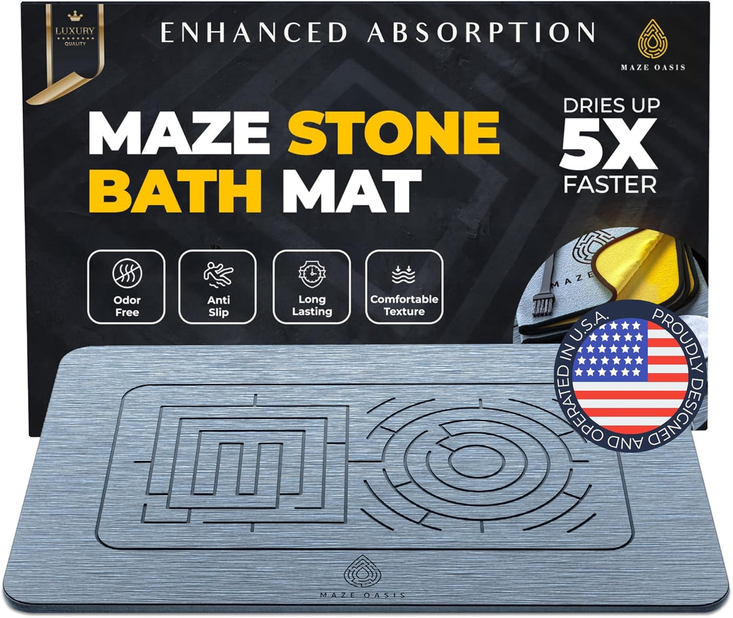 Stone Bath Mat - Instant-Drying Diatomaceous Earth Bath Mat with Grooves for No Puddles - Super Absorbent Non-Slip - Quick Dry Stone Bath Mats for Bathroom, Kitchen - 23.6 x 15.3 in - 1pc