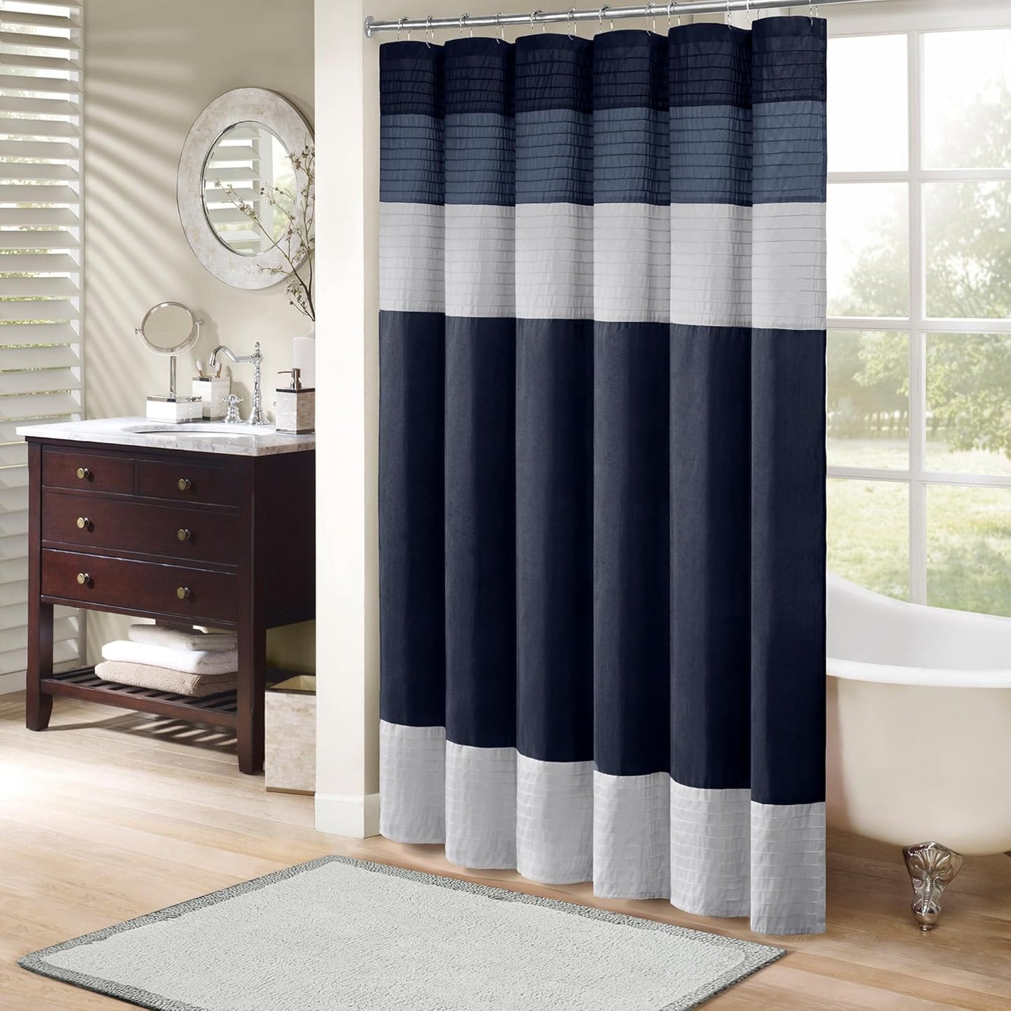 Madison Park Amherst Bathroom Shower Curtain Faux Silk Pieced Striped Modern Microfiber Bath Curtains, 72x72 Inches, Natural