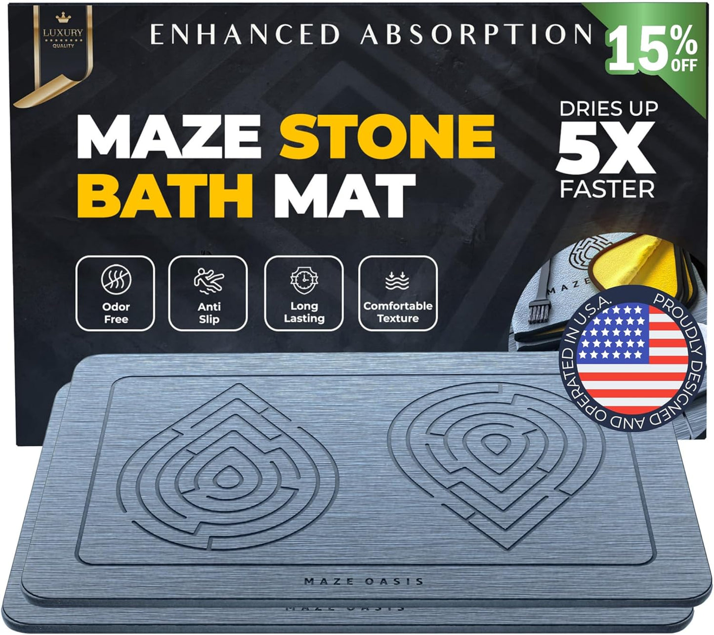 Stone Bath Mat - Instant-Drying Diatomaceous Earth Bath Mat with Grooves for No Puddles - Super Absorbent Non-Slip - Quick Dry Stone Bath Mats for Bathroom, Kitchen - 23.6 x 15.3 in - 1pc