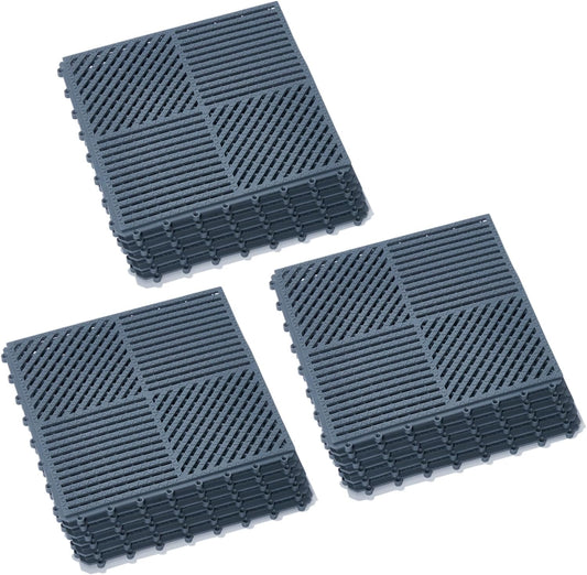18 Pack Interlocking Drainage Tiles Double Non-Slip Tiles Mat with Drain Holes for Pool, Bathroom, Shower, Pantry, Patio, Boat, Pet Area, 12"×12" Dark Gray
