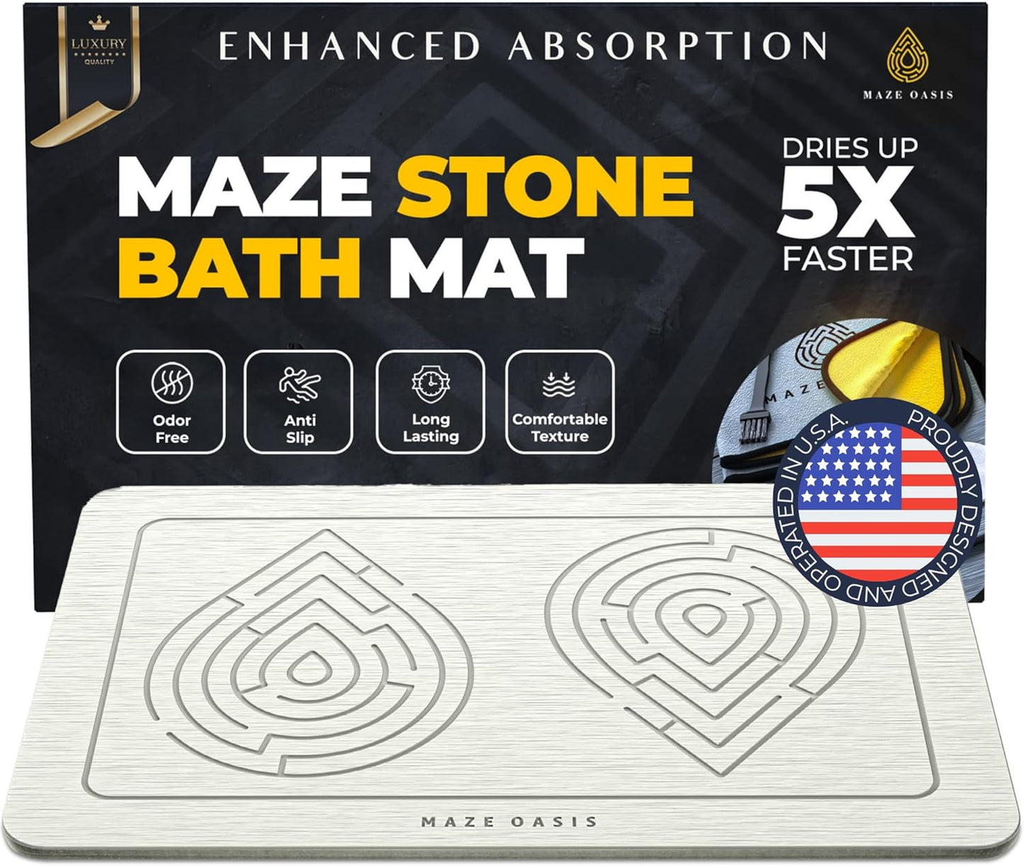 Stone Bath Mat - Instant-Drying Diatomaceous Earth Bath Mat with Grooves for No Puddles - Super Absorbent Non-Slip - Quick Dry Stone Bath Mats for Bathroom, Kitchen - 23.6 x 15.3 in - 1pc