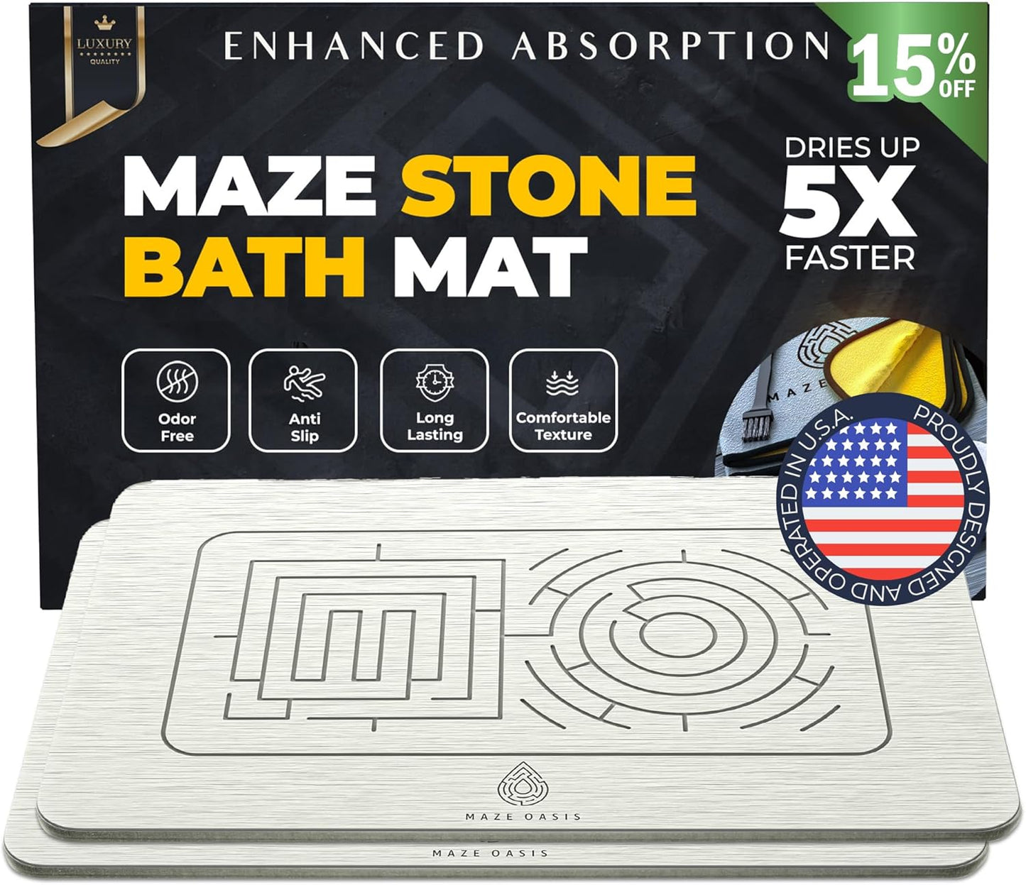 Stone Bath Mat - Instant-Drying Diatomaceous Earth Bath Mat with Grooves for No Puddles - Super Absorbent Non-Slip - Quick Dry Stone Bath Mats for Bathroom, Kitchen - 23.6 x 15.3 in - 1pc