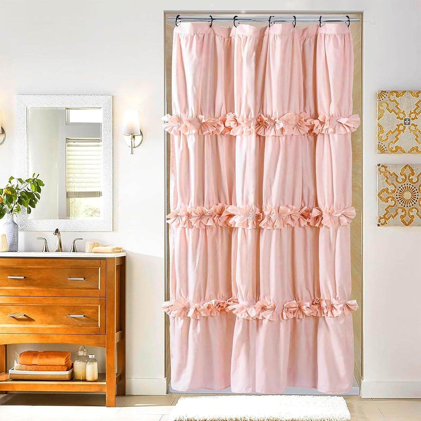 Camel Ruffle Shower Curtain, Vintage Handcrafted Bow Tie Ruched Microfiber Bath Curtain for Master Bathroom with 12 Buttonholes, 72" W x 72" H (LQ-10)