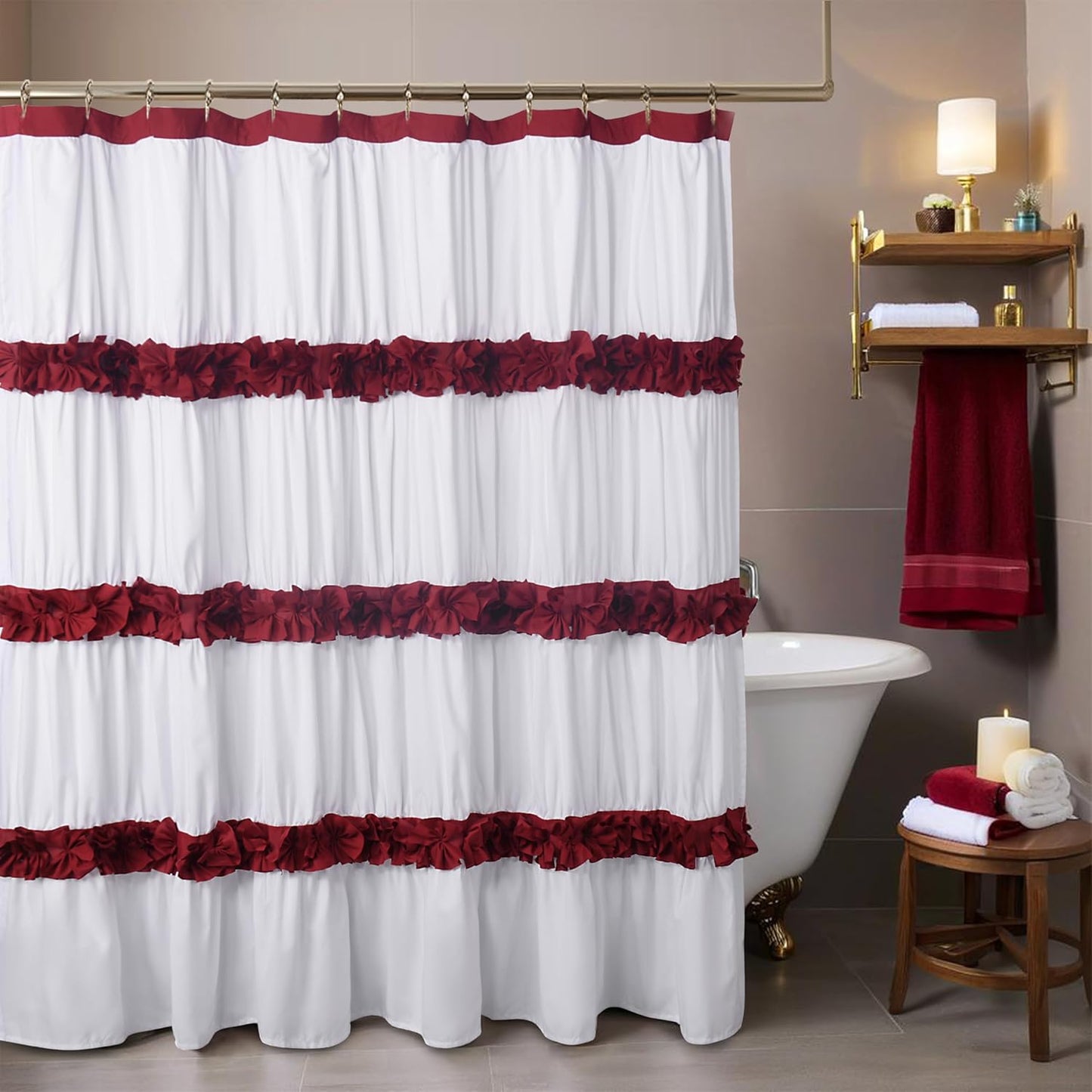 Camel Ruffle Shower Curtain, Vintage Handcrafted Bow Tie Ruched Microfiber Bath Curtain for Master Bathroom with 12 Buttonholes, 72" W x 72" H (LQ-10)