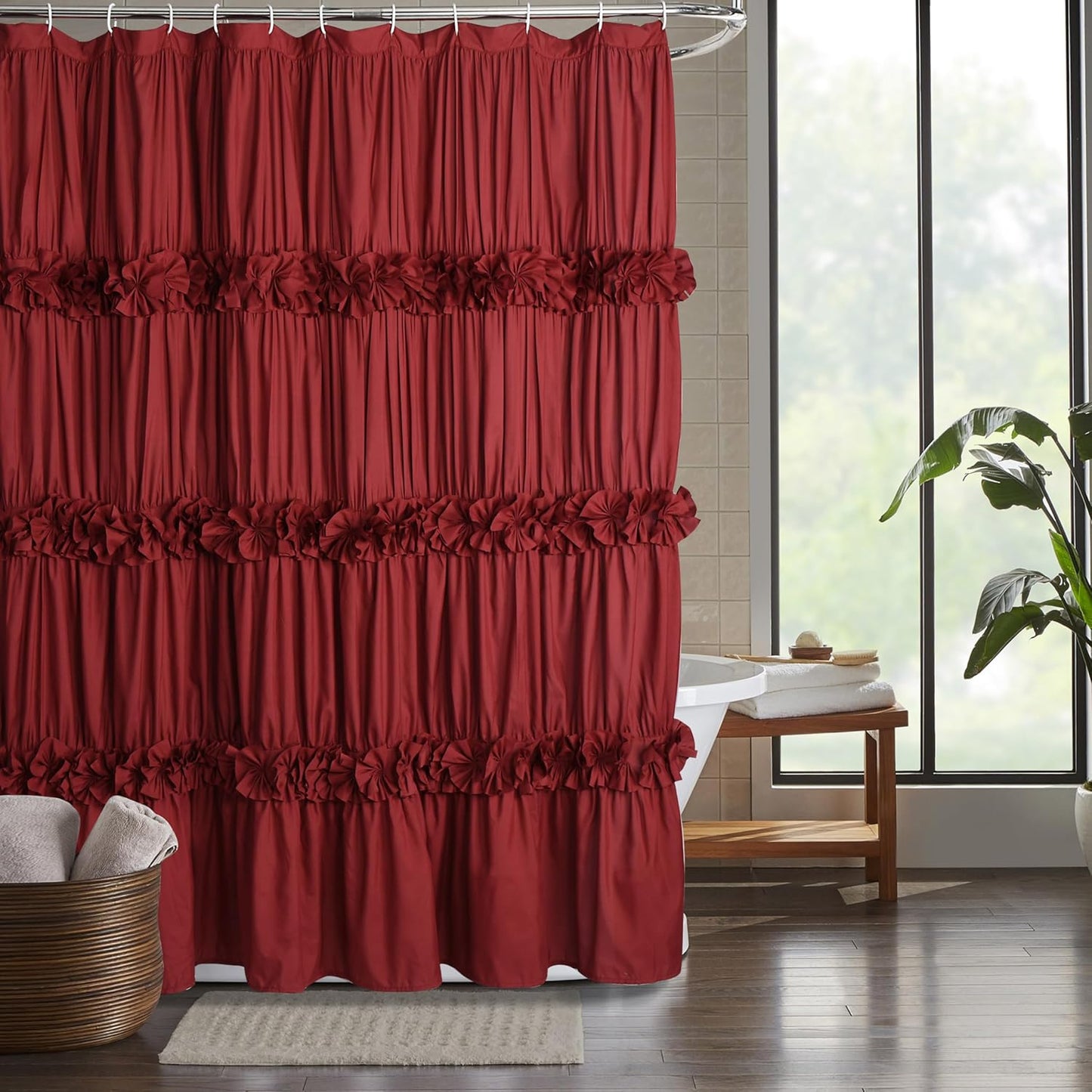 Camel Ruffle Shower Curtain, Vintage Handcrafted Bow Tie Ruched Microfiber Bath Curtain for Master Bathroom with 12 Buttonholes, 72" W x 72" H (LQ-10)