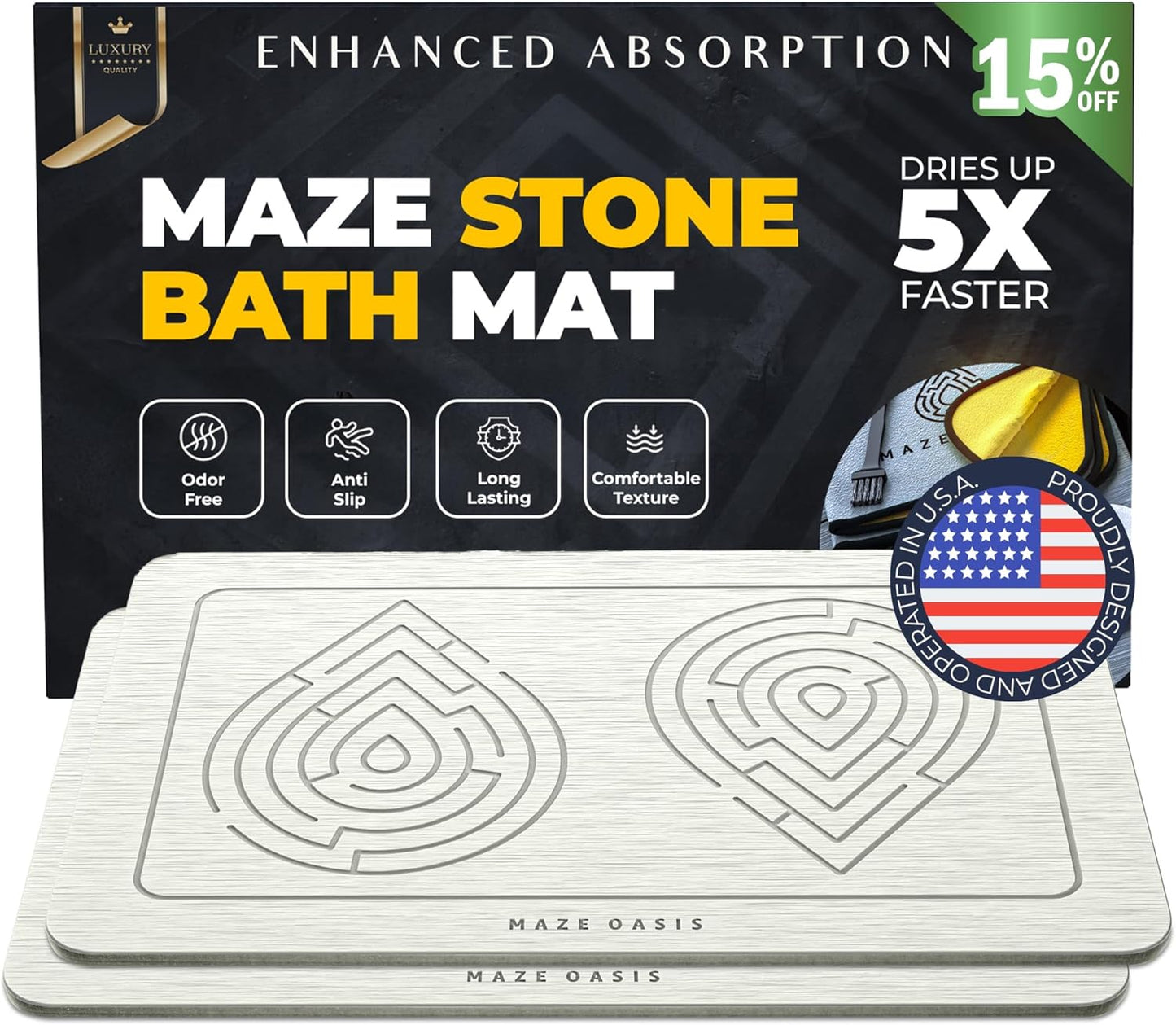 Stone Bath Mat - Instant-Drying Diatomaceous Earth Bath Mat with Grooves for No Puddles - Super Absorbent Non-Slip - Quick Dry Stone Bath Mats for Bathroom, Kitchen - 23.6 x 15.3 in - 1pc