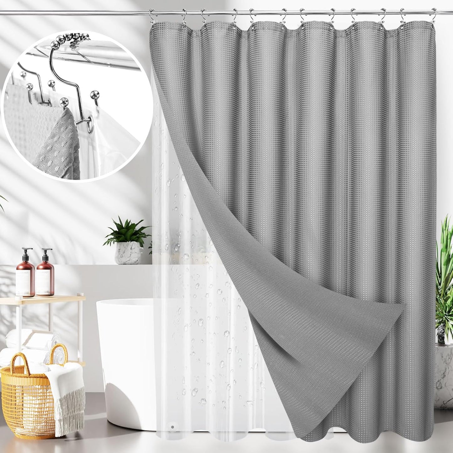 LaCyan 3 in 1 Waterproof Waffle Weave Shower Curtain and Clear Liner Set with 12 Stainless Steel Hooks Double Sided for Bathroom 72 Inches Heavy Duty Polyester Fabric Shower Curtains 72x84