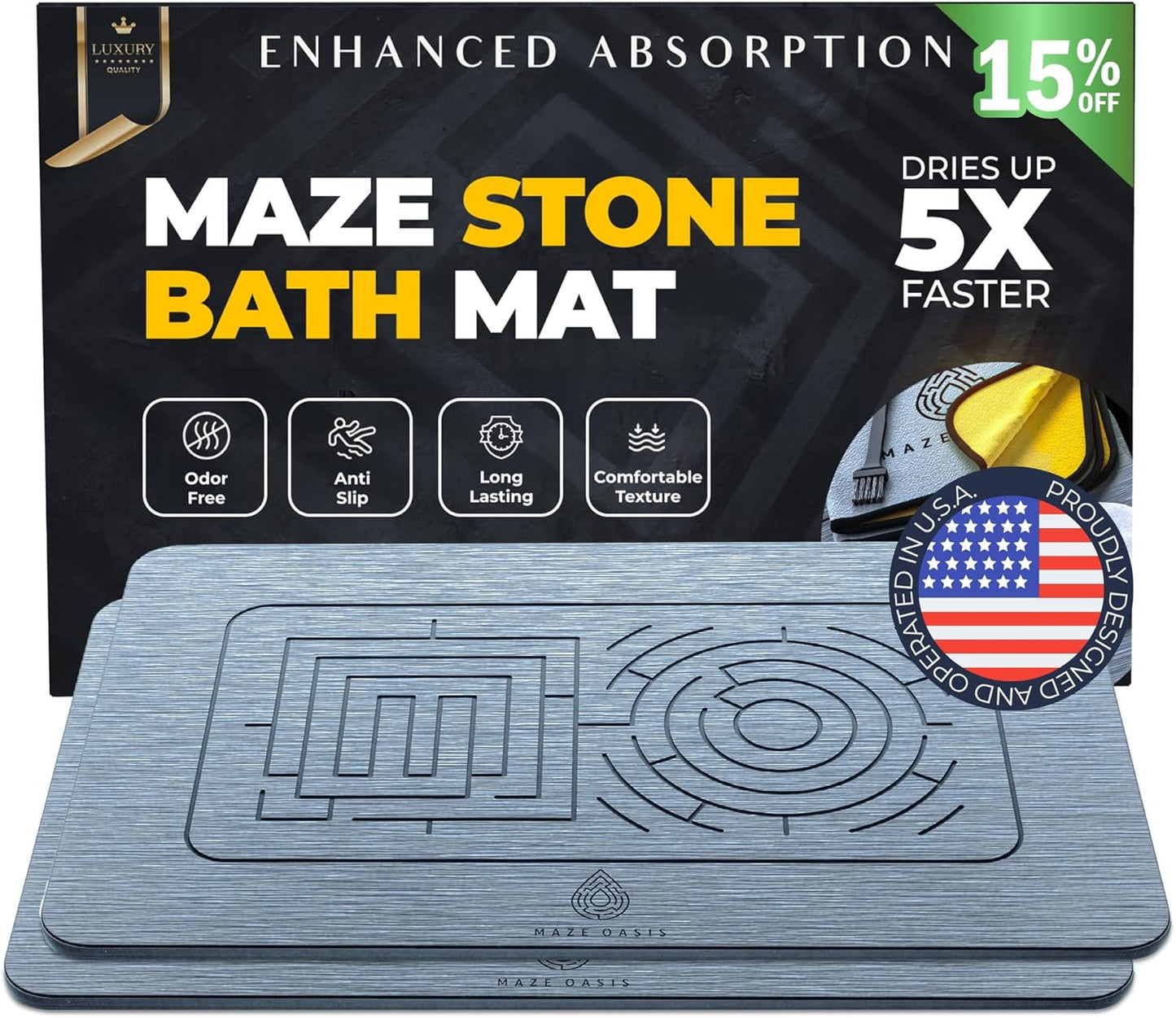Stone Bath Mat - Instant-Drying Diatomaceous Earth Bath Mat with Grooves for No Puddles - Super Absorbent Non-Slip - Quick Dry Stone Bath Mats for Bathroom, Kitchen - 23.6 x 15.3 in - 1pc