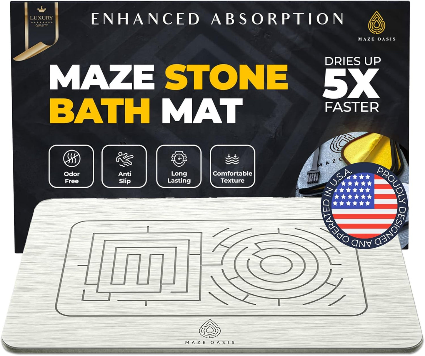 Stone Bath Mat - Instant-Drying Diatomaceous Earth Bath Mat with Grooves for No Puddles - Super Absorbent Non-Slip - Quick Dry Stone Bath Mats for Bathroom, Kitchen - 23.6 x 15.3 in - 1pc