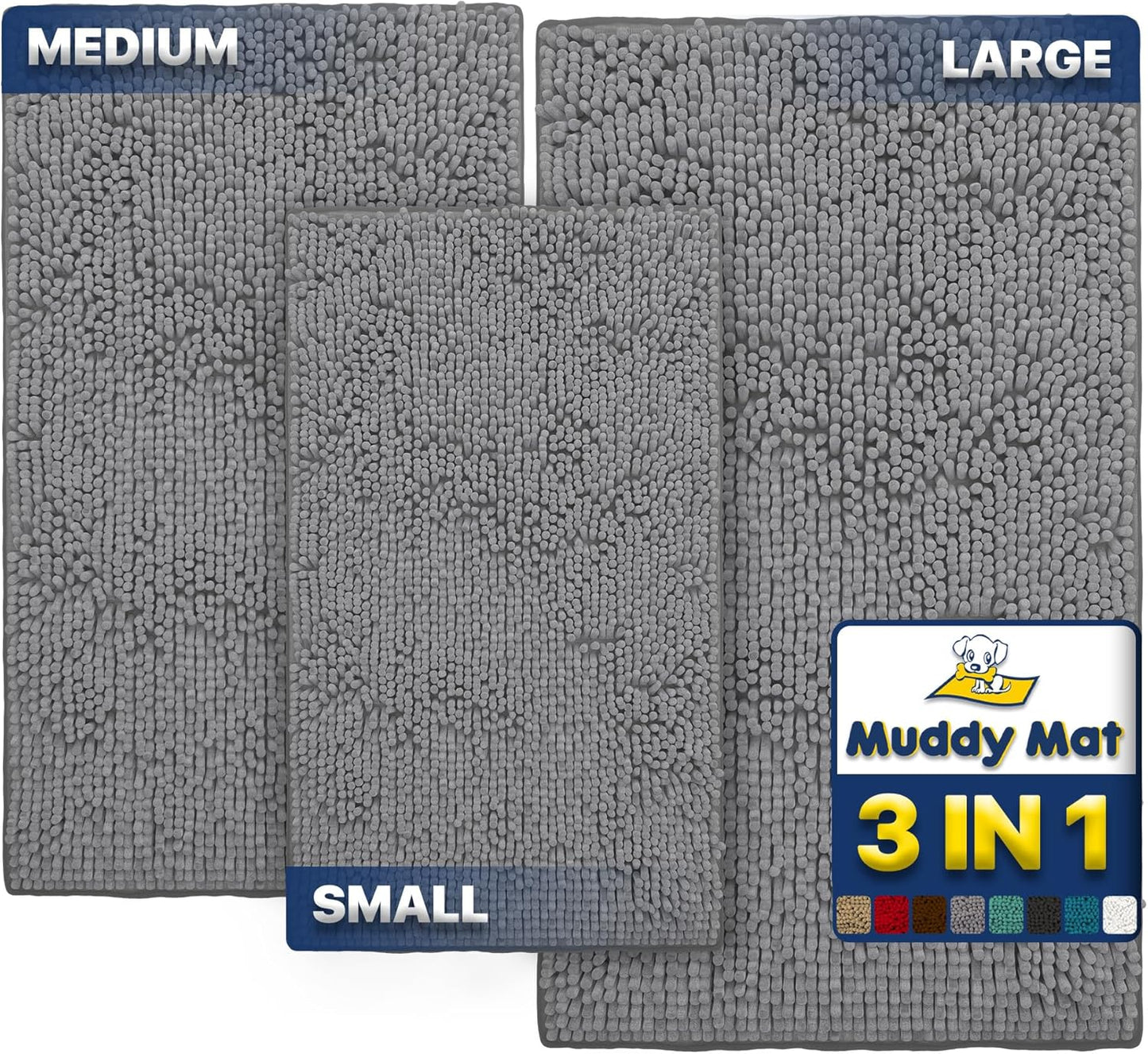 Muddy Mat® Pack of 3 Highly Absorbent Microfiber Dog Door Mat and Pet Rug, Non Slip Thick Washable Area Mat Soft Chenille for Kitchen Bathroom Bedroom and Outdoor - Beige Small, Medium & Large
